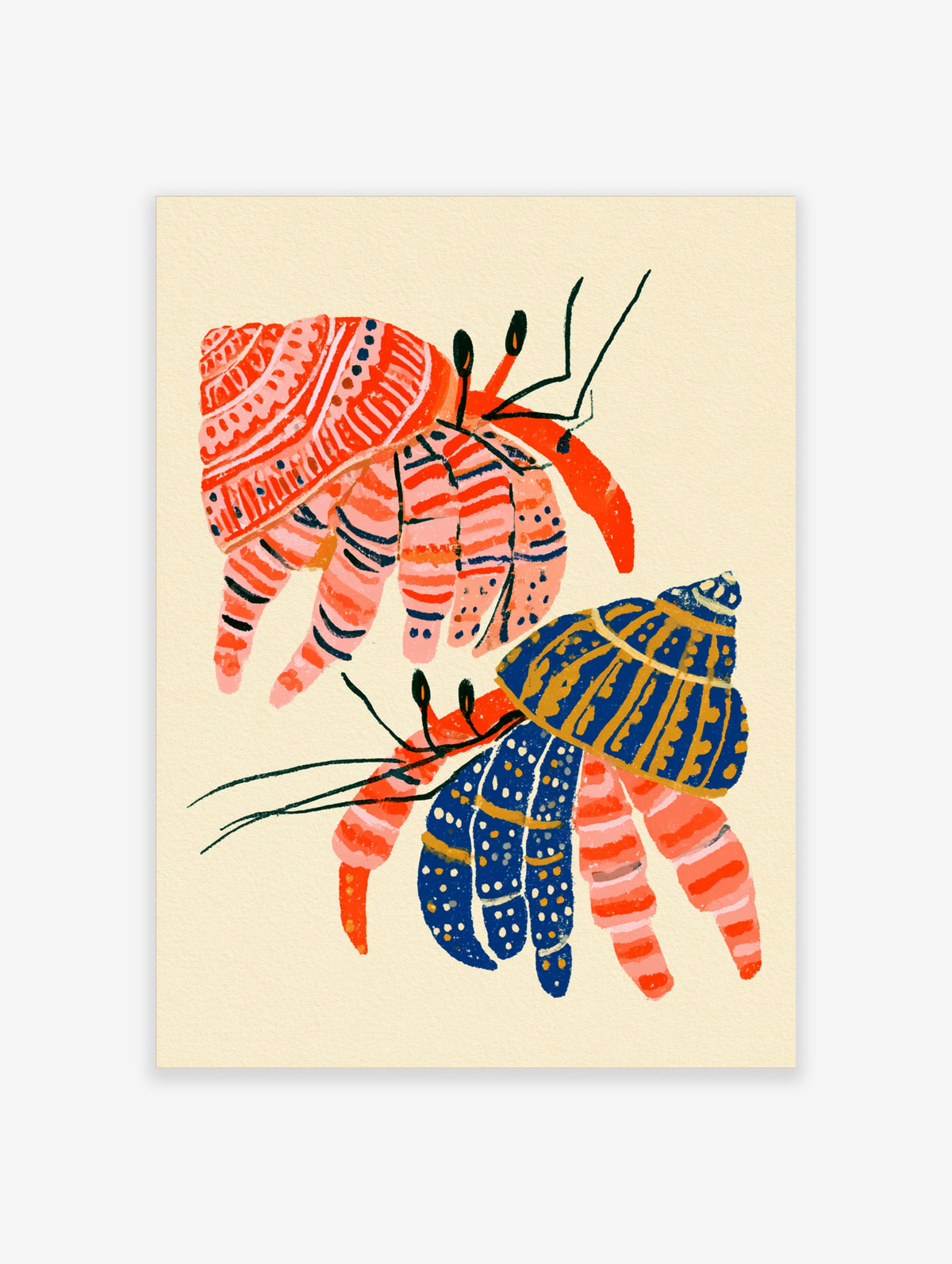 Colourful hermit crab poster with two crabs in patterned shells on a cream background