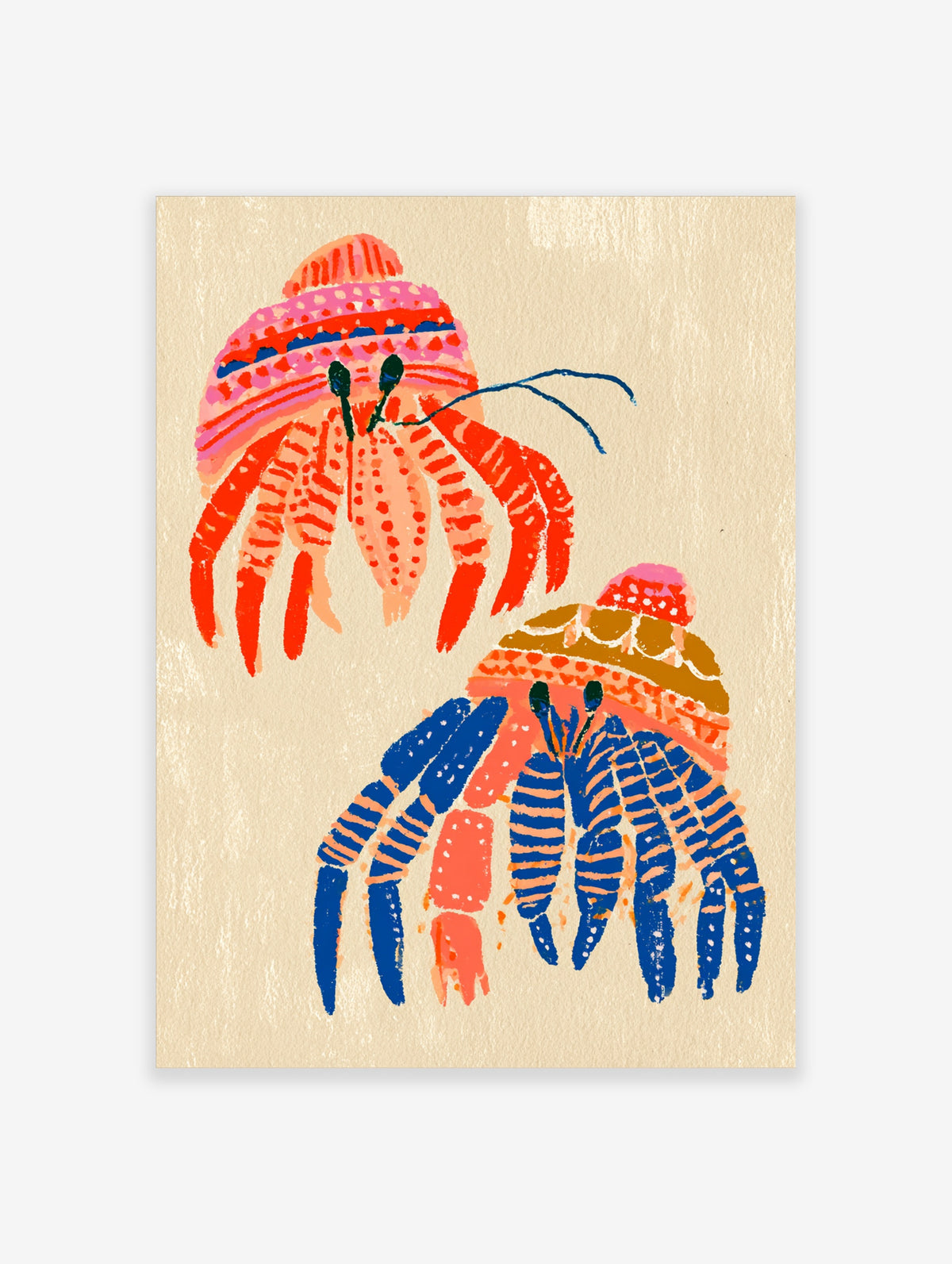 Colourful hermit crab poster with two crabs in painted shells, one pink and red, one blue and orange