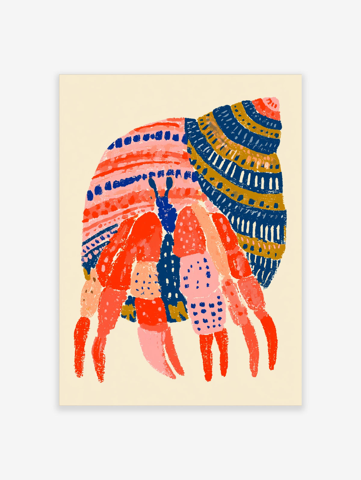 Colourful hermit crab illustration with patterned shell in pink, navy, mustard, and red on cream background