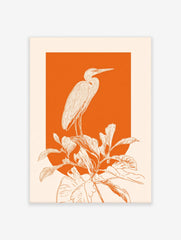 White line art illustration of a heron standing on large plants against a vibrant orange background
