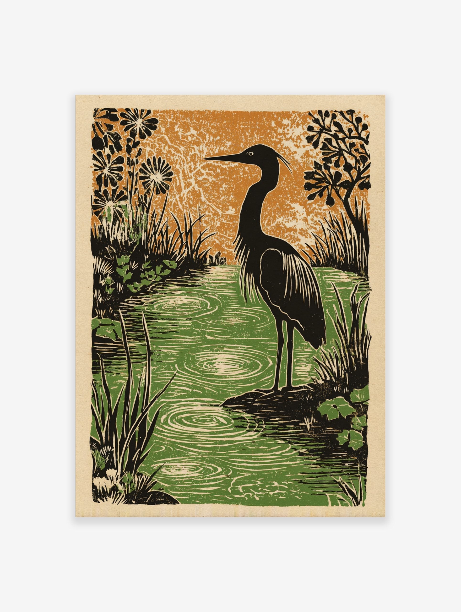 Illustrative woodcut print of a dark heron in a green pond with ripples, surrounded by black foliage against an orange sky