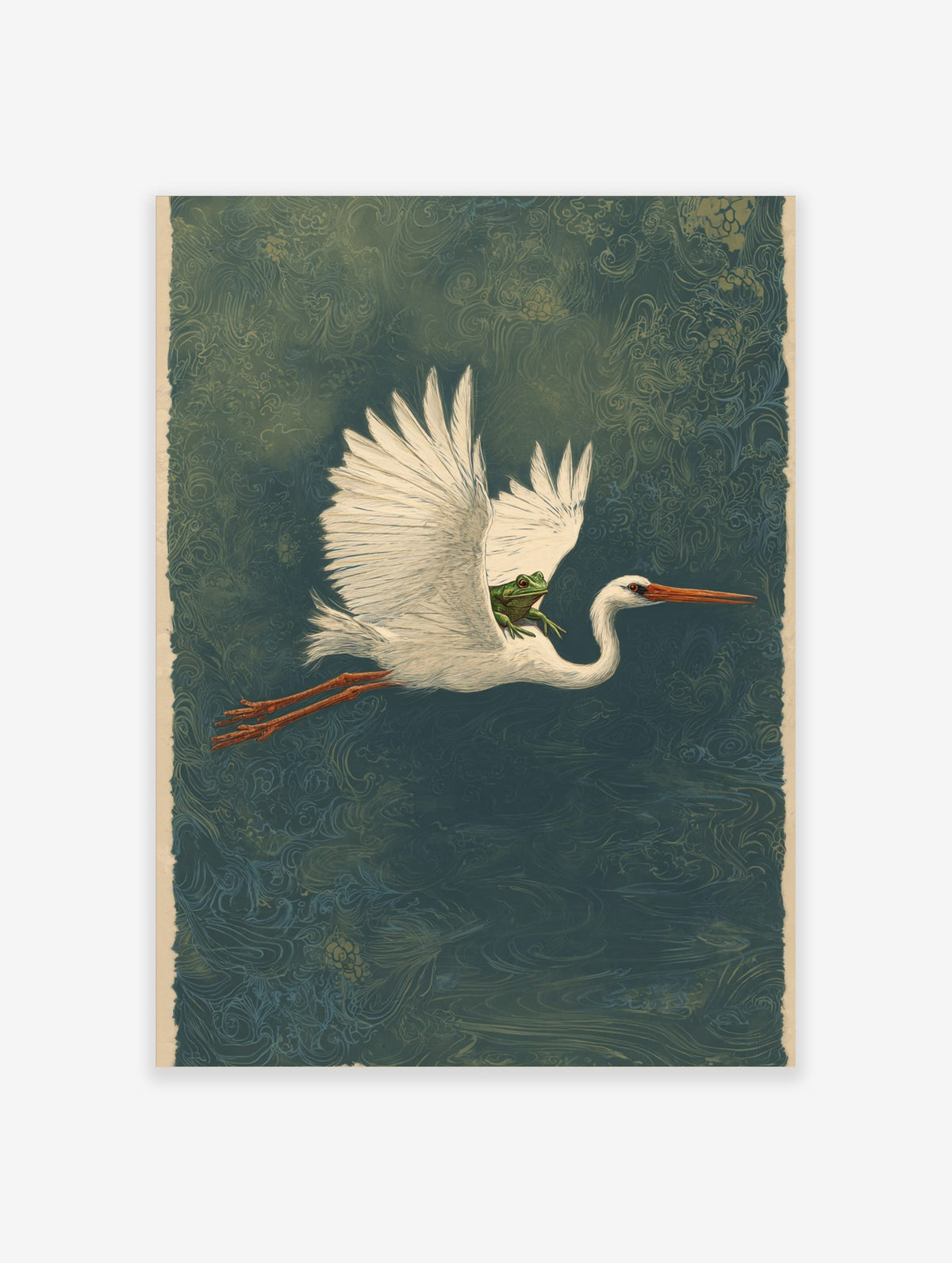 Illustrative print of a white heron flying horizontally with a green frog on its back against a teal patterned background