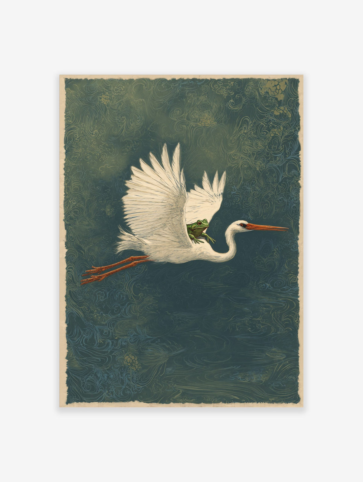 Illustrative white heron in flight carrying a green frog on its back, deep teal patterned background