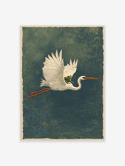 Illustrative white heron in flight carrying a green frog on its back, deep teal patterned background