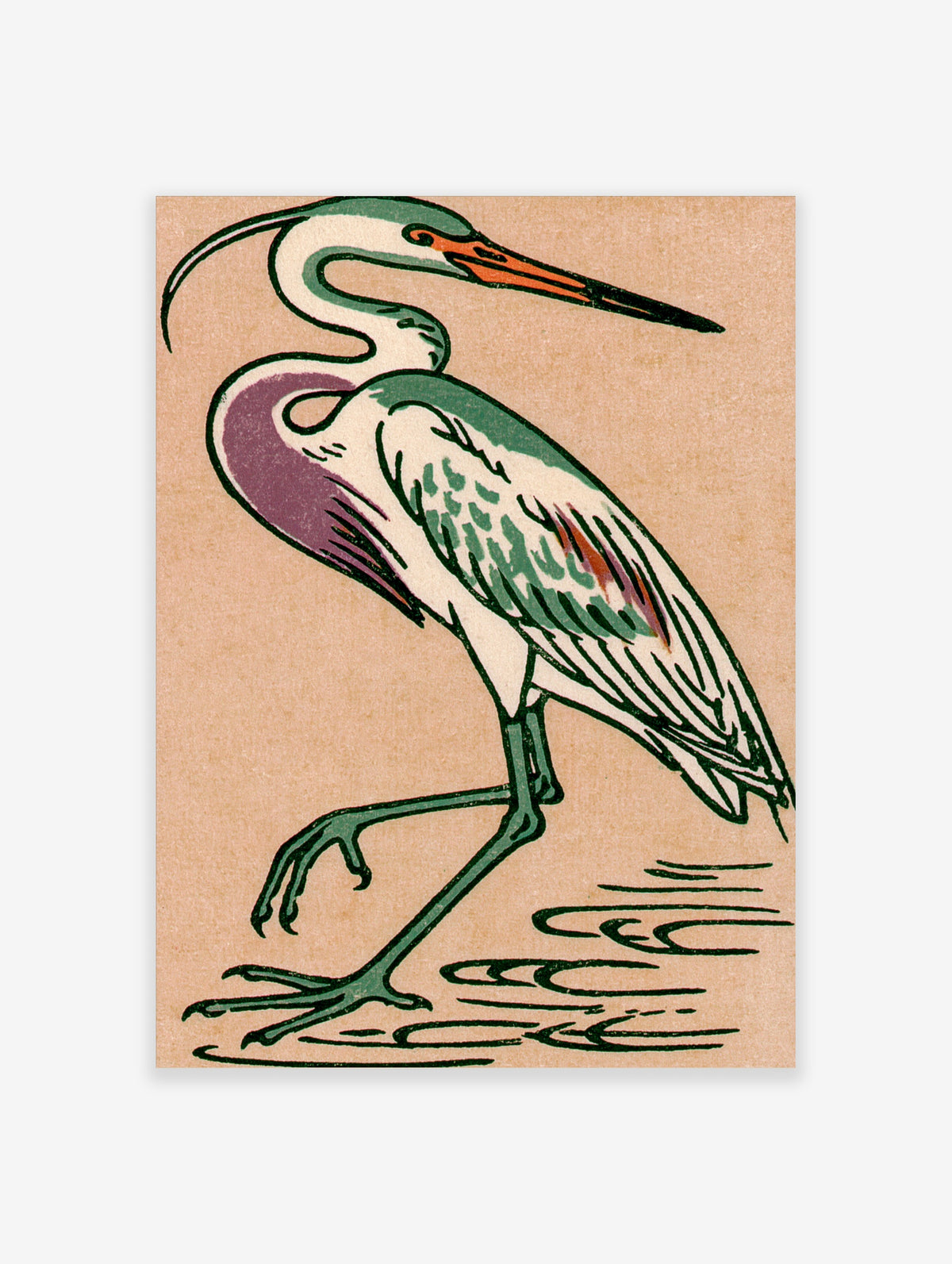 Heron bird art print with curved neck, orange beak, and green legs on beige background