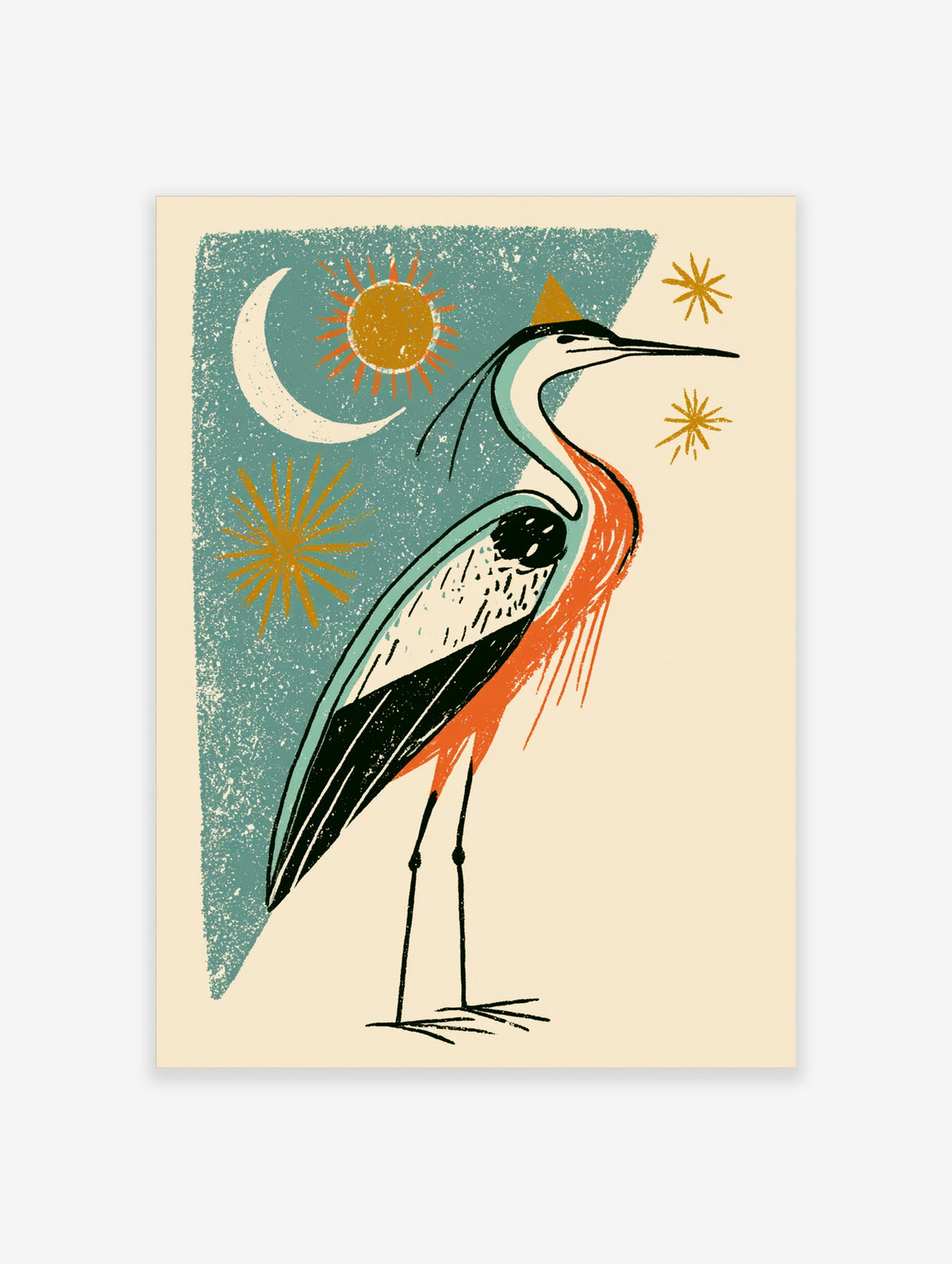 Stylised heron bird art print with teal background, crescent moon, sun and stars in mid-century modern style