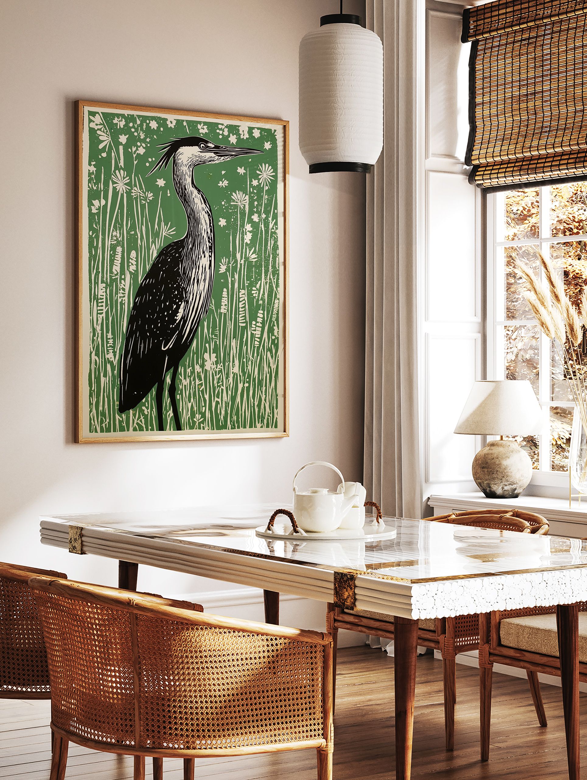 Linocut art print of a heron bird standing in tall green grass and white wildflowers. - Image 3
