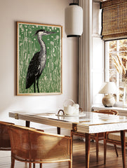 Linocut art print of a heron bird standing in tall green grass and white wildflowers. - Image 3
