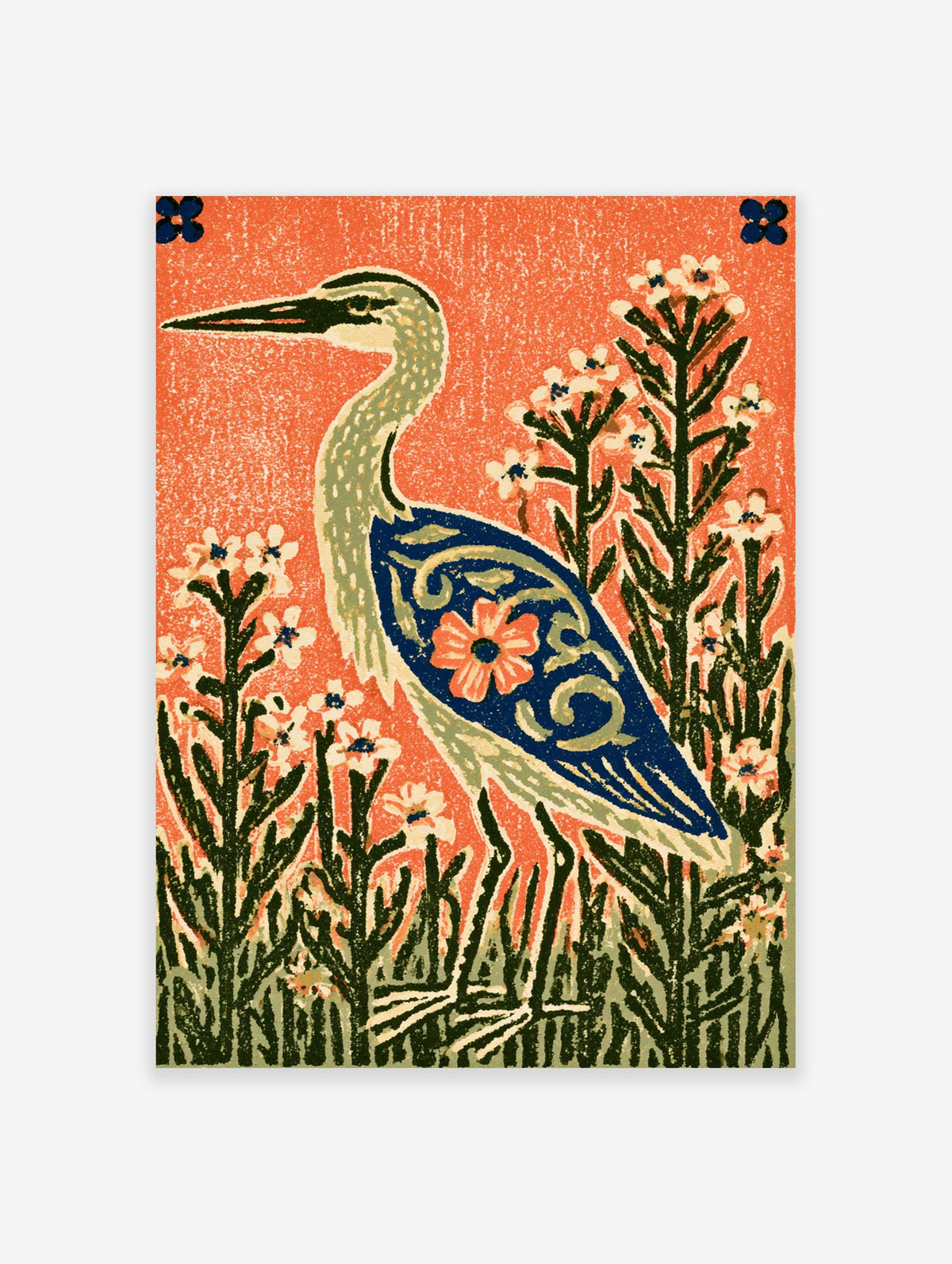 Decorative heron bird illustration with floral patterns and green plants on a vibrant orange background