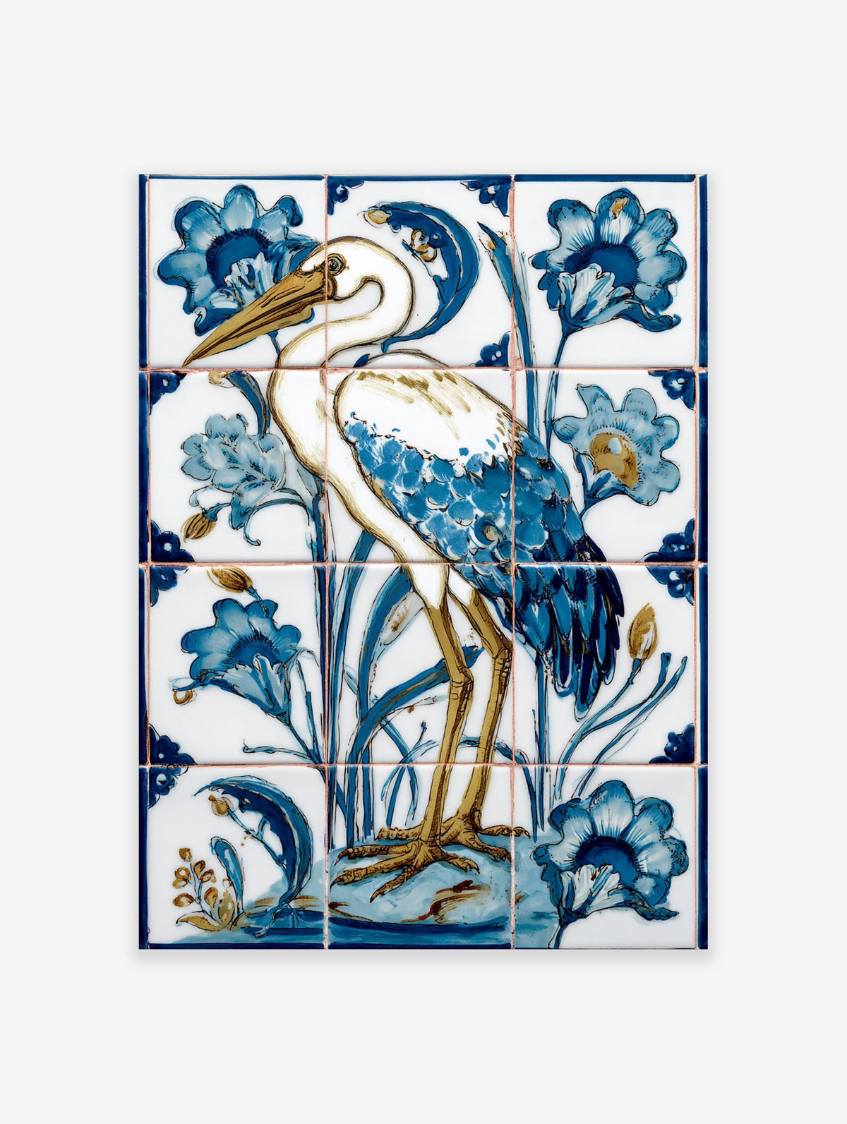 Illustrative white heron bird with blue feathers and golden legs, surrounded by blue flowers and reeds on ceramic tiles