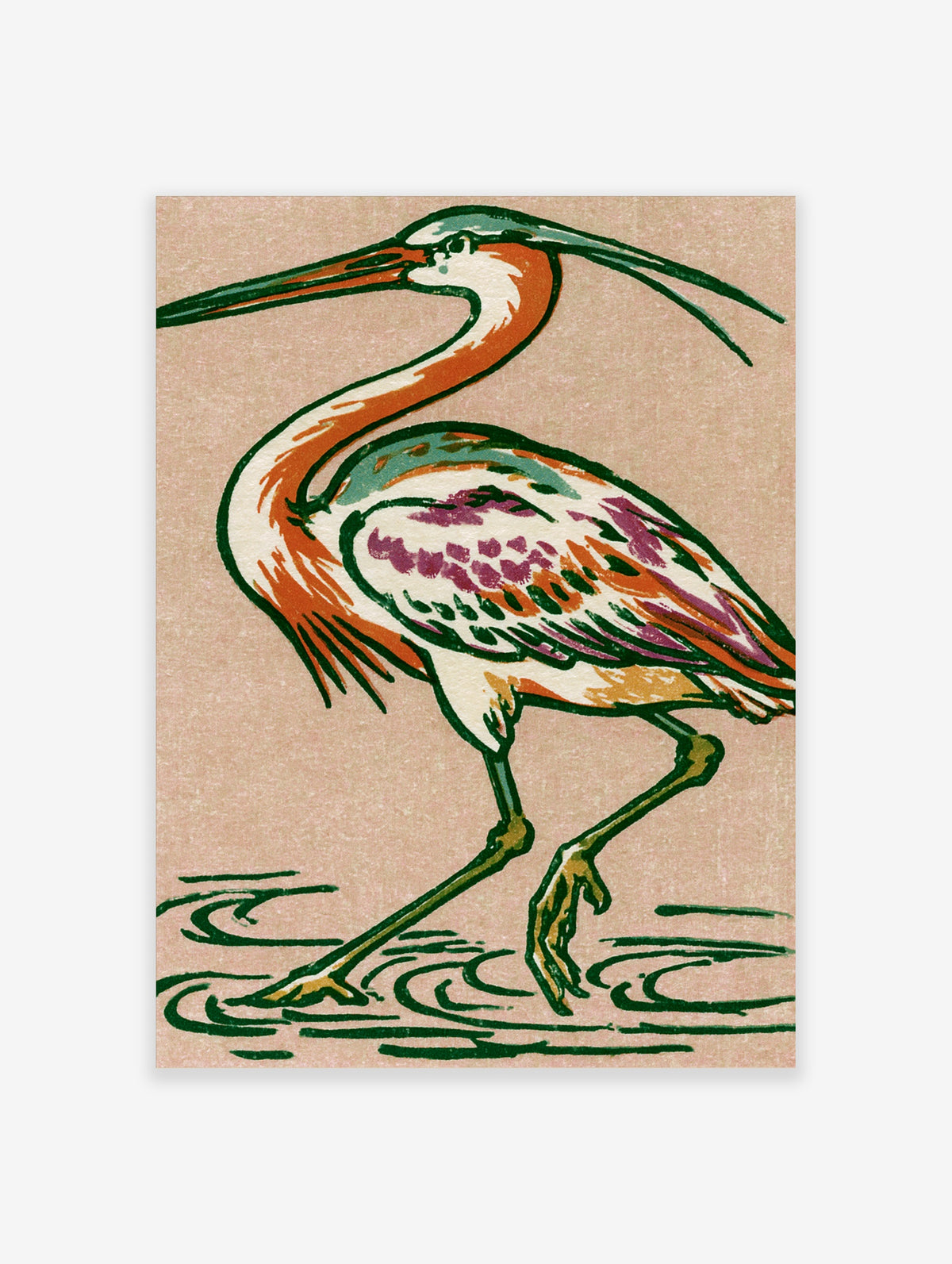 Heron bird art print with curved neck, purple and orange plumage, standing in water on beige background