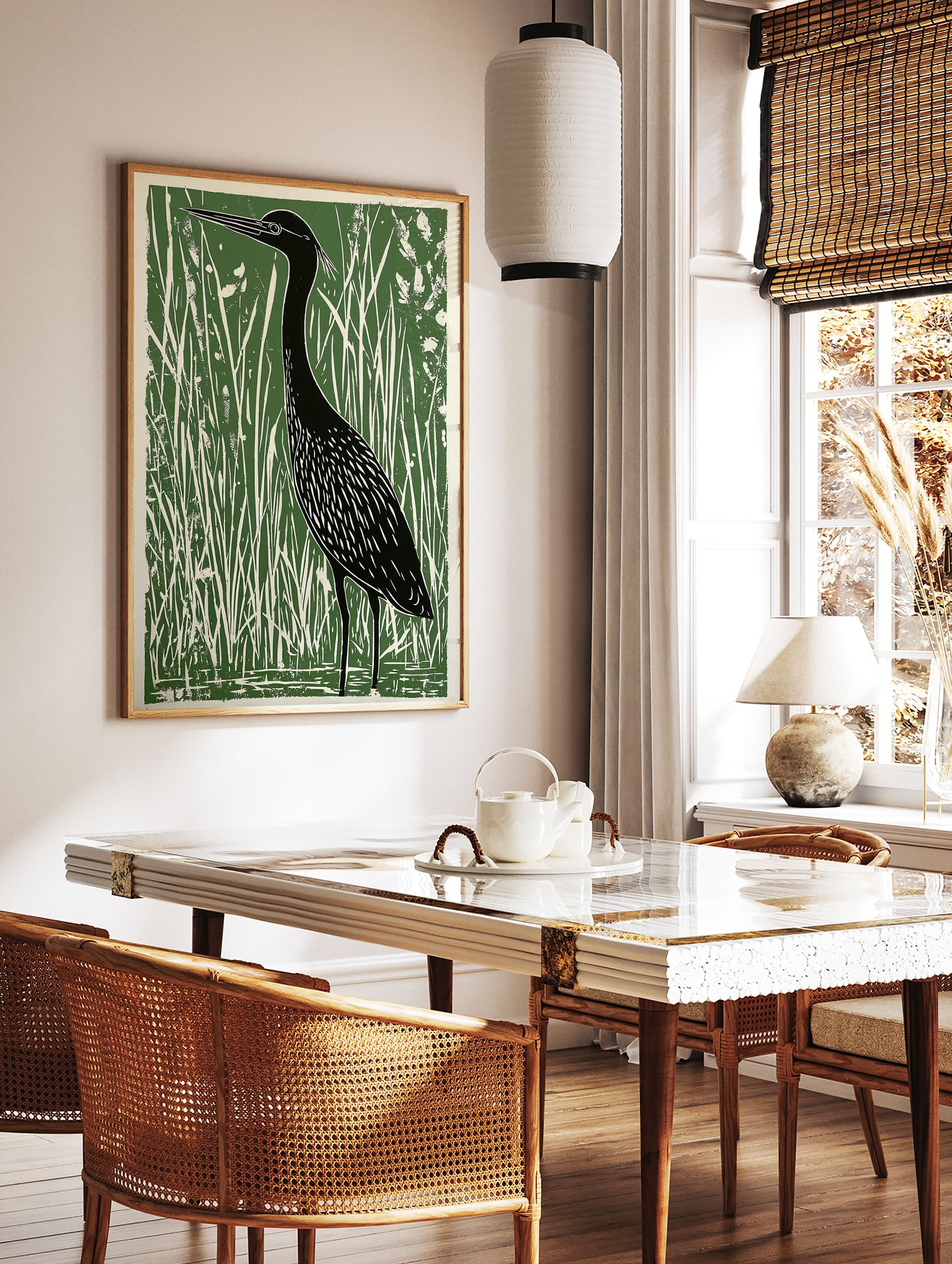 Green and black linocut print featuring a heron bird standing in tall marsh grasses, nature wall art. - Image 3