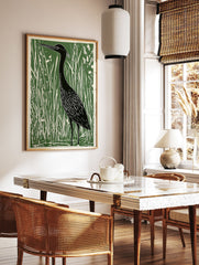 Green and black linocut print featuring a heron bird standing in tall marsh grasses, nature wall art. - Image 3