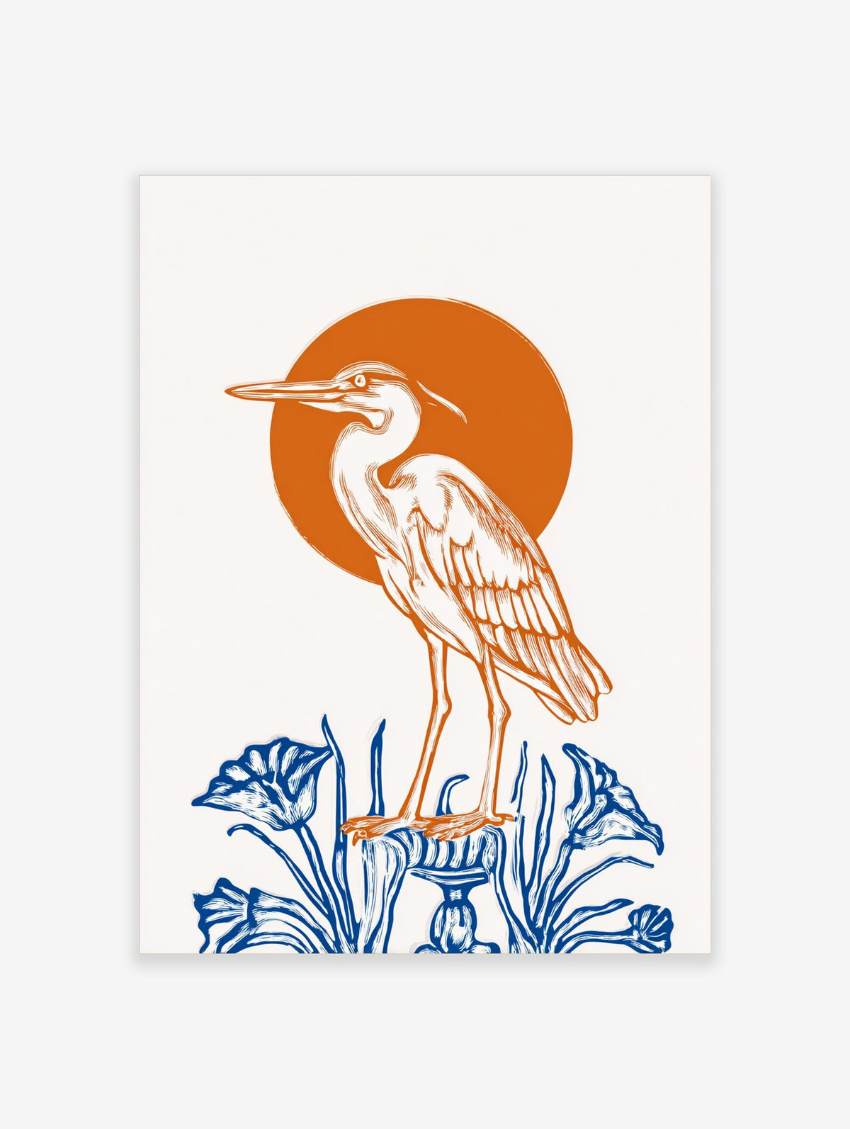 Illustrative heron bird standing on blue pedestal with blue plants, orange sun background, white print
