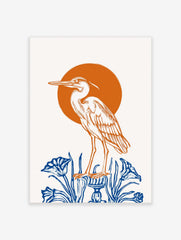 Illustrative heron bird standing on blue pedestal with blue plants, orange sun background, white print