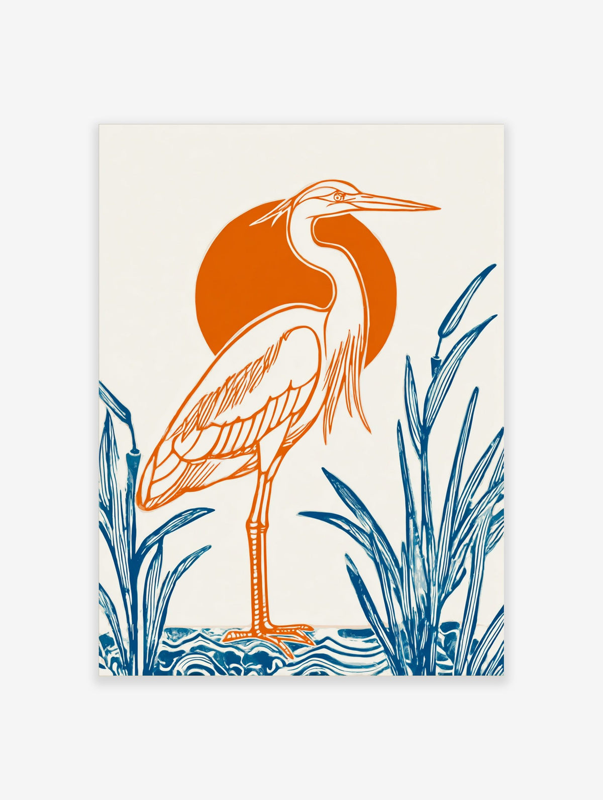 Illustrative heron bird print with orange outline, orange sun, and blue reeds on white background