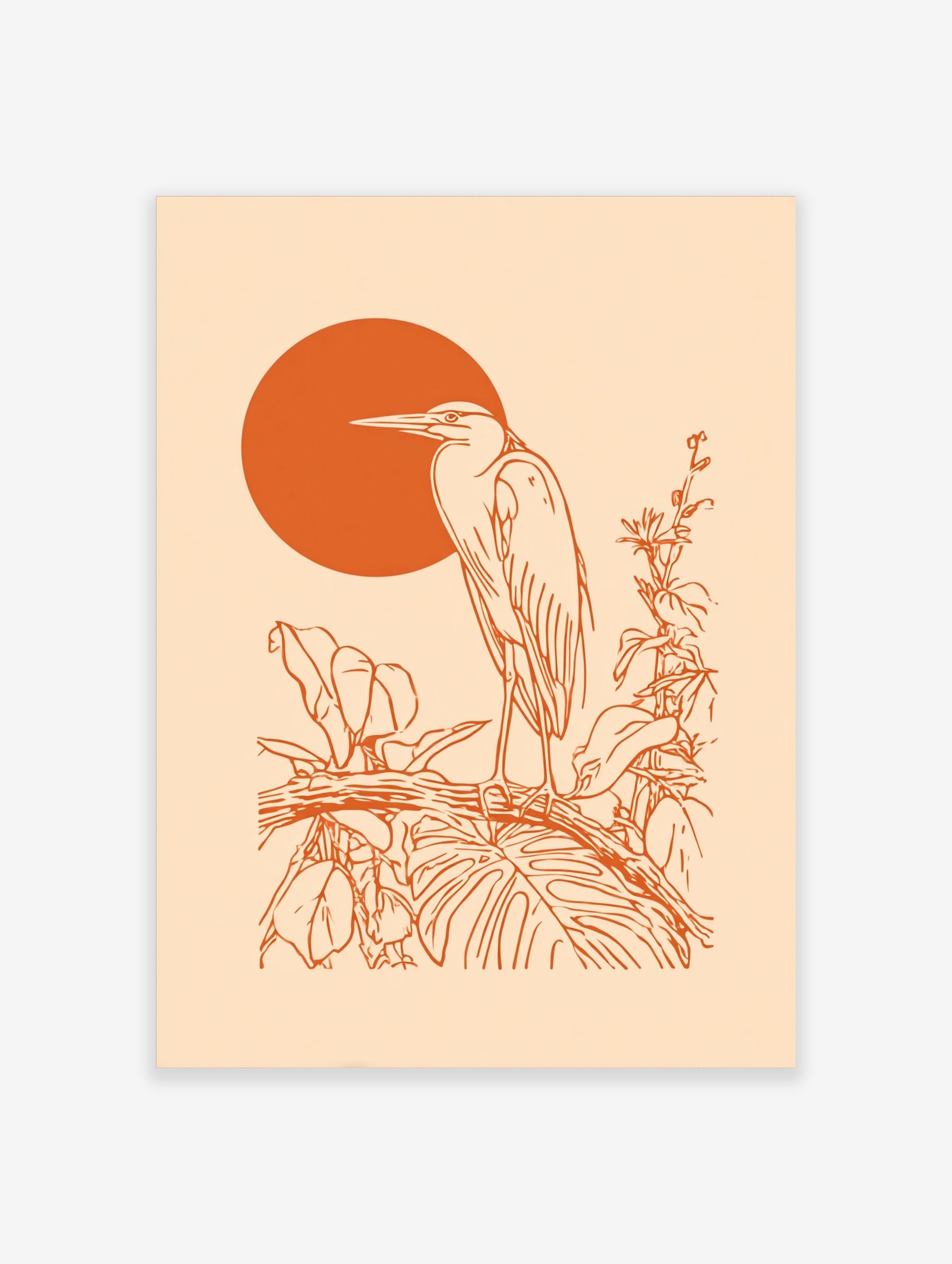 Orange line art of a heron bird on a branch with tropical leaves and a large orange sun on a beige background