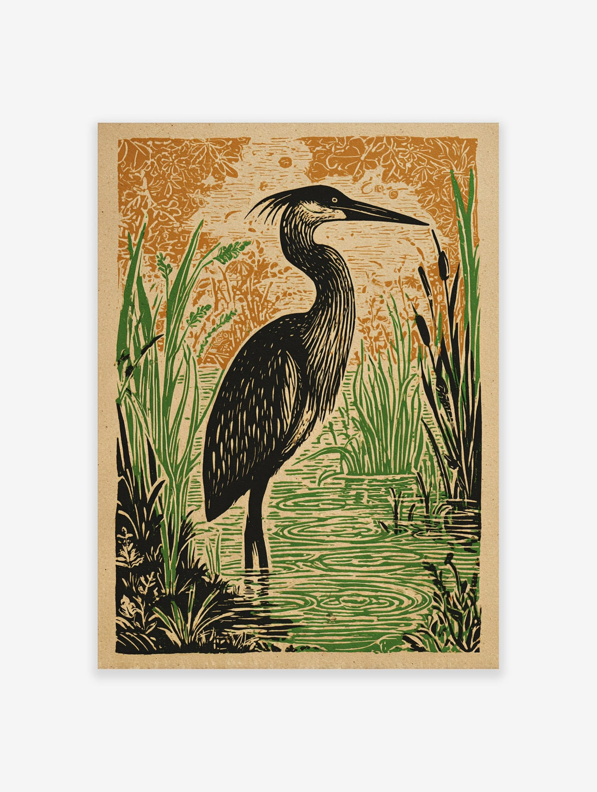 Illustrative print of a black heron bird in green wetland reeds and water, with an orange patterned background