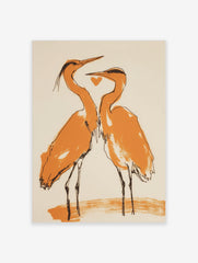 Minimalist illustration of two orange and black herons facing each other with a heart on a light background