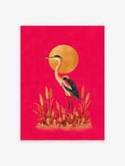Illustrative heron or crane bird with golden sun and grasses on a hot pink background, portrait orientation