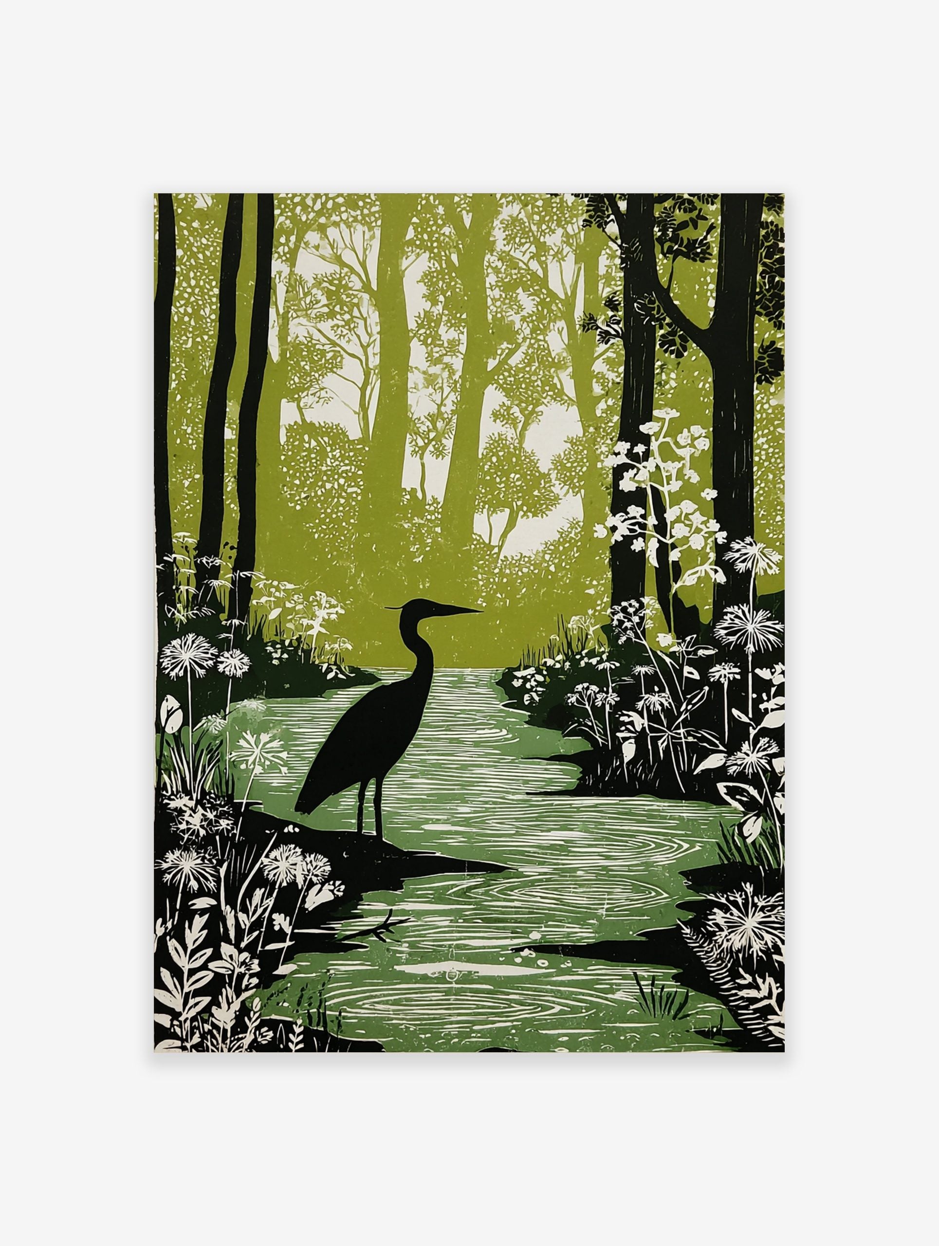 Linocut-style print of a black heron standing in a green forest stream with white flowers and tall trees
