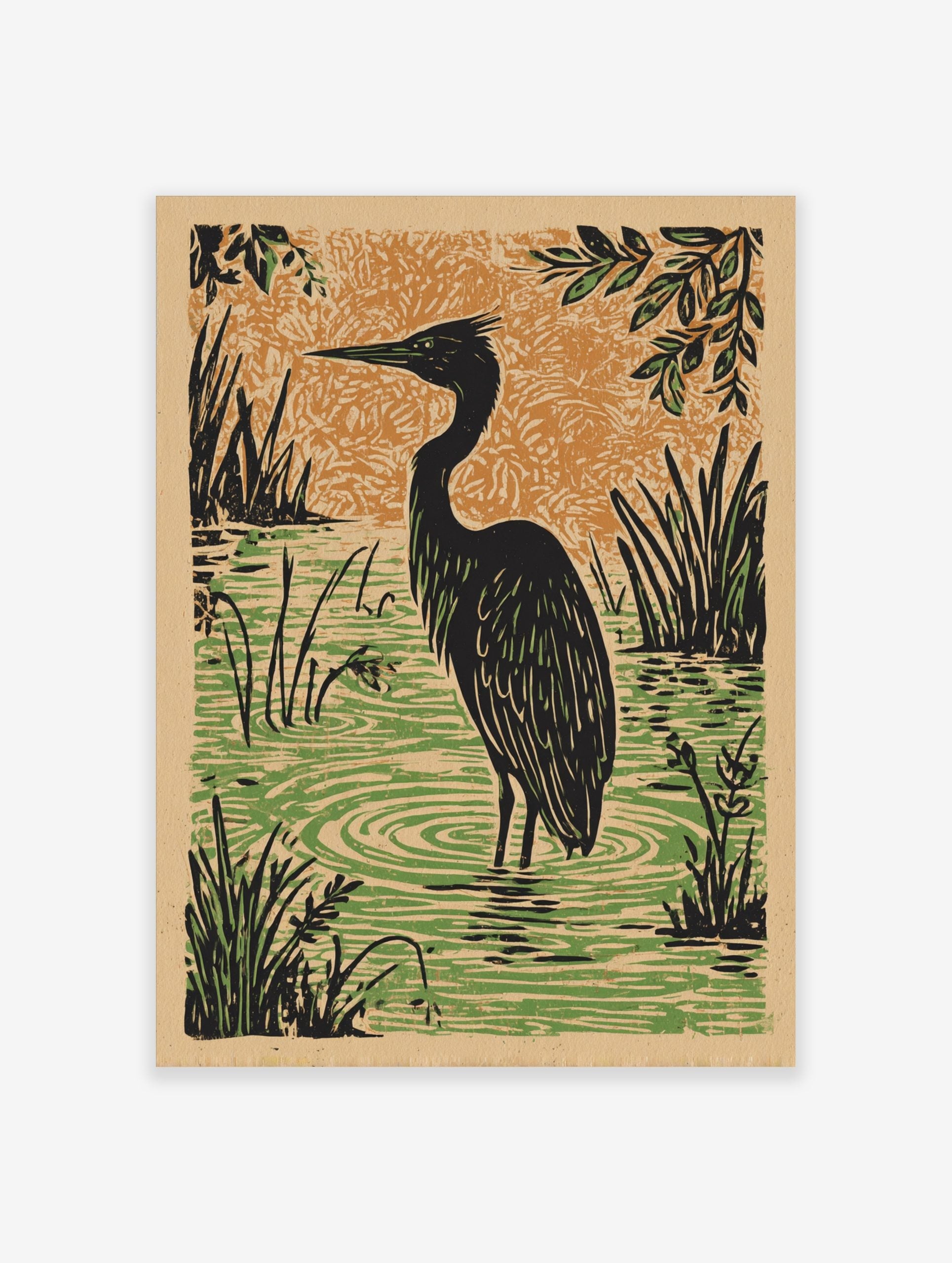 Black heron bird standing in green marsh water with reeds, against an orange textured sky in a linocut style