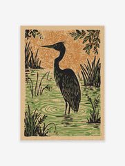 Black heron bird standing in green marsh water with reeds, against an orange textured sky in a linocut style