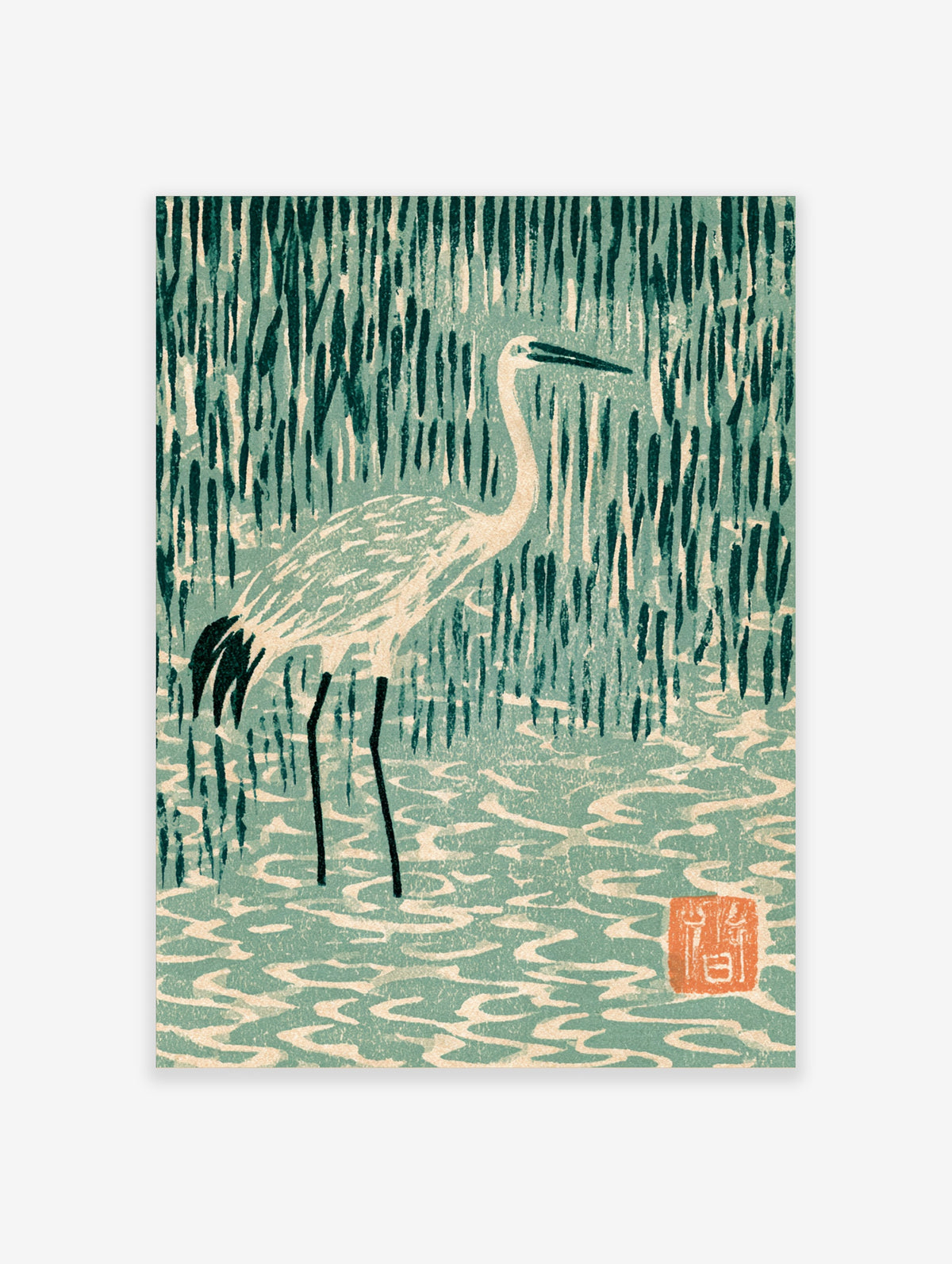White heron standing in stylised water beneath vertical green rain strokes, Japanese woodblock-style art print