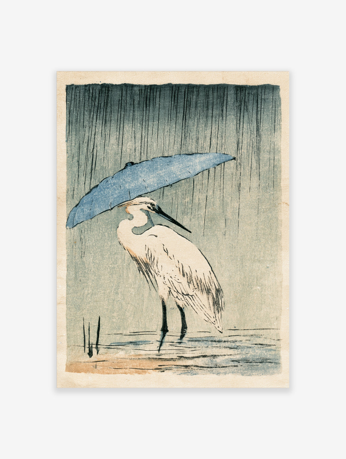 White heron holding blue umbrella in falling rain, Japanese-style bird art print