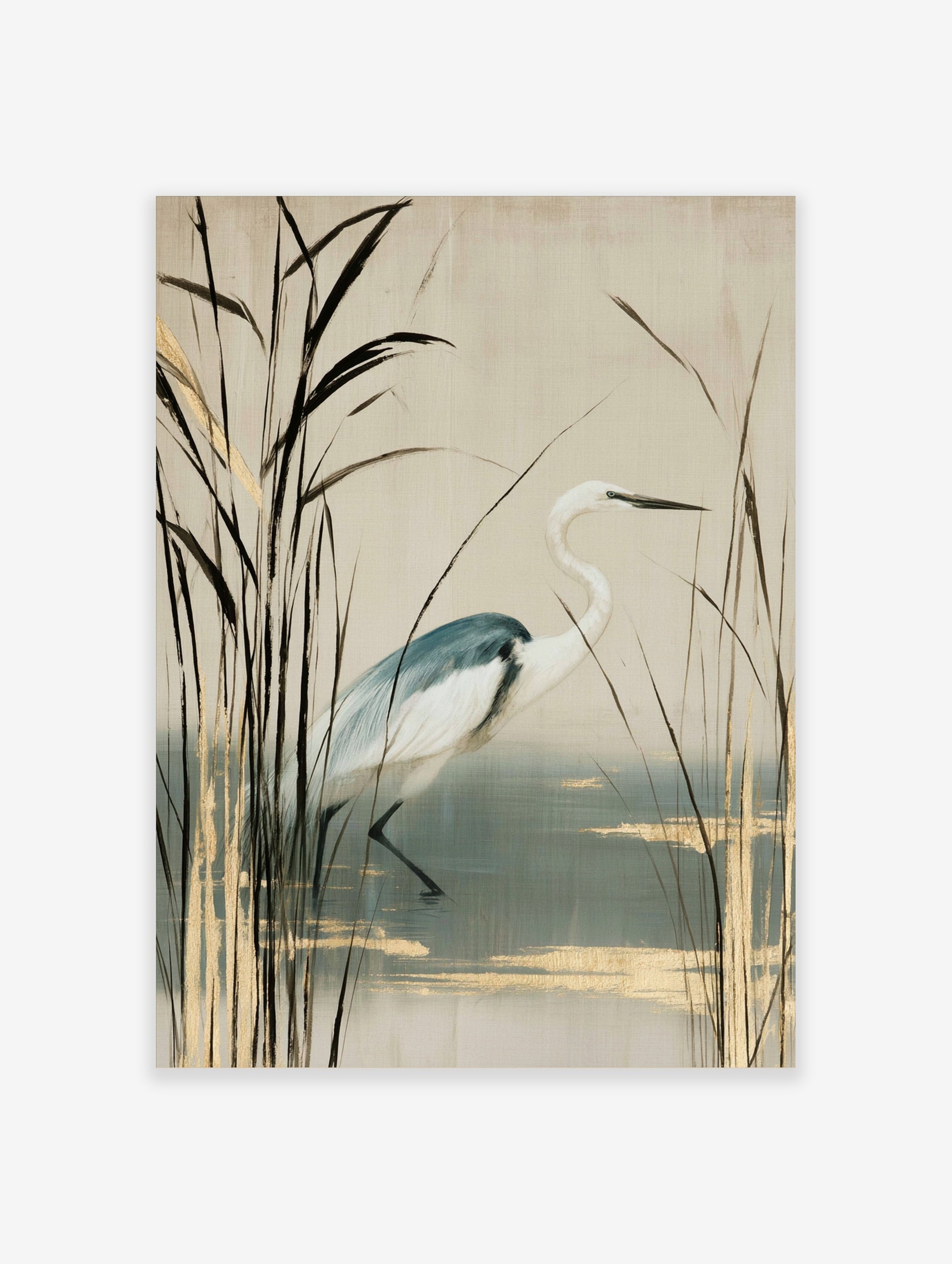 White heron bird standing among tall reeds with gold accents on a cream background, illustrative nature art print