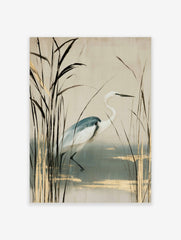 White heron bird standing among tall reeds with gold accents on a cream background, illustrative nature art print