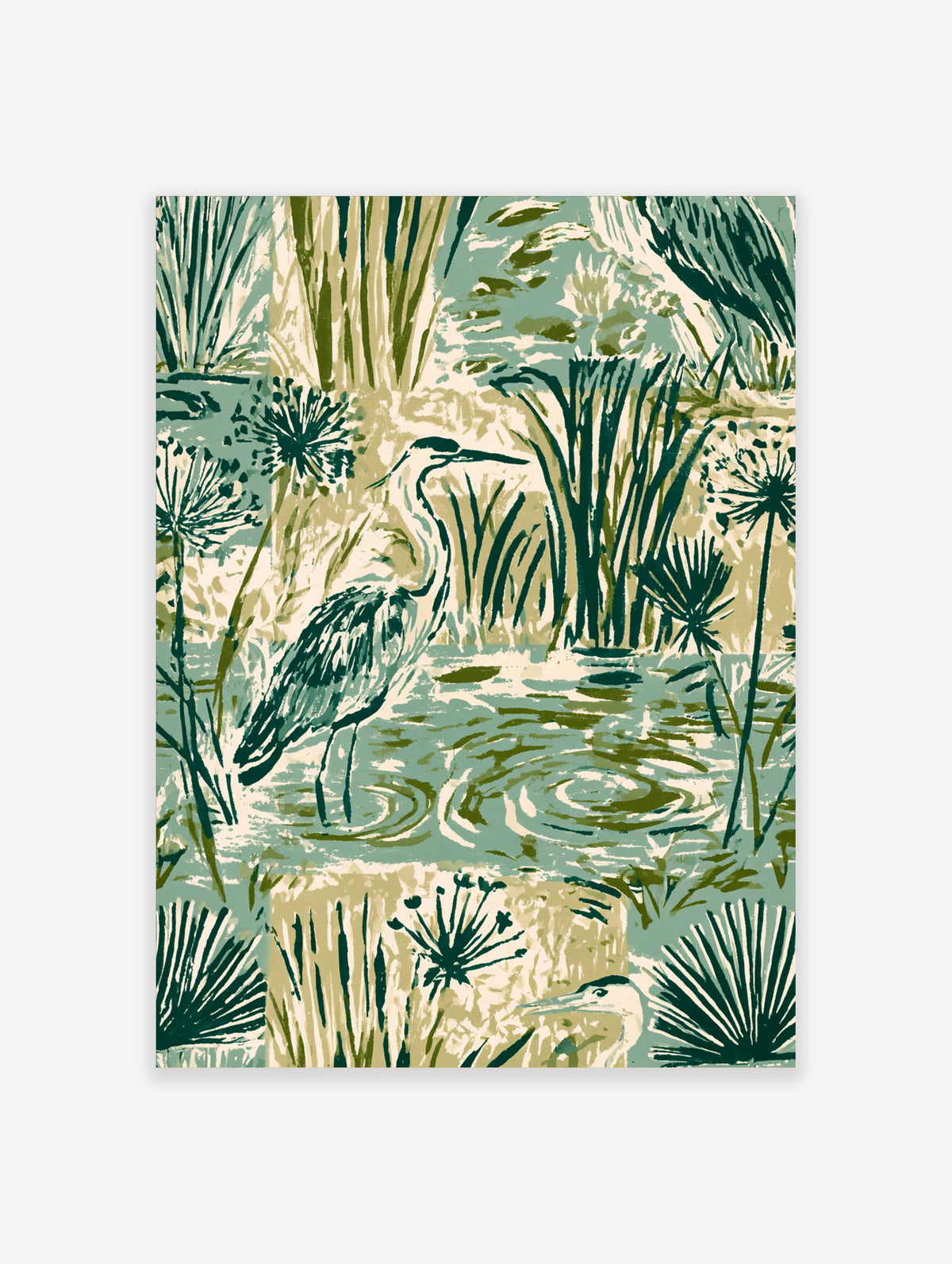 Heron standing in reeds and water illustration art print in green and beige
