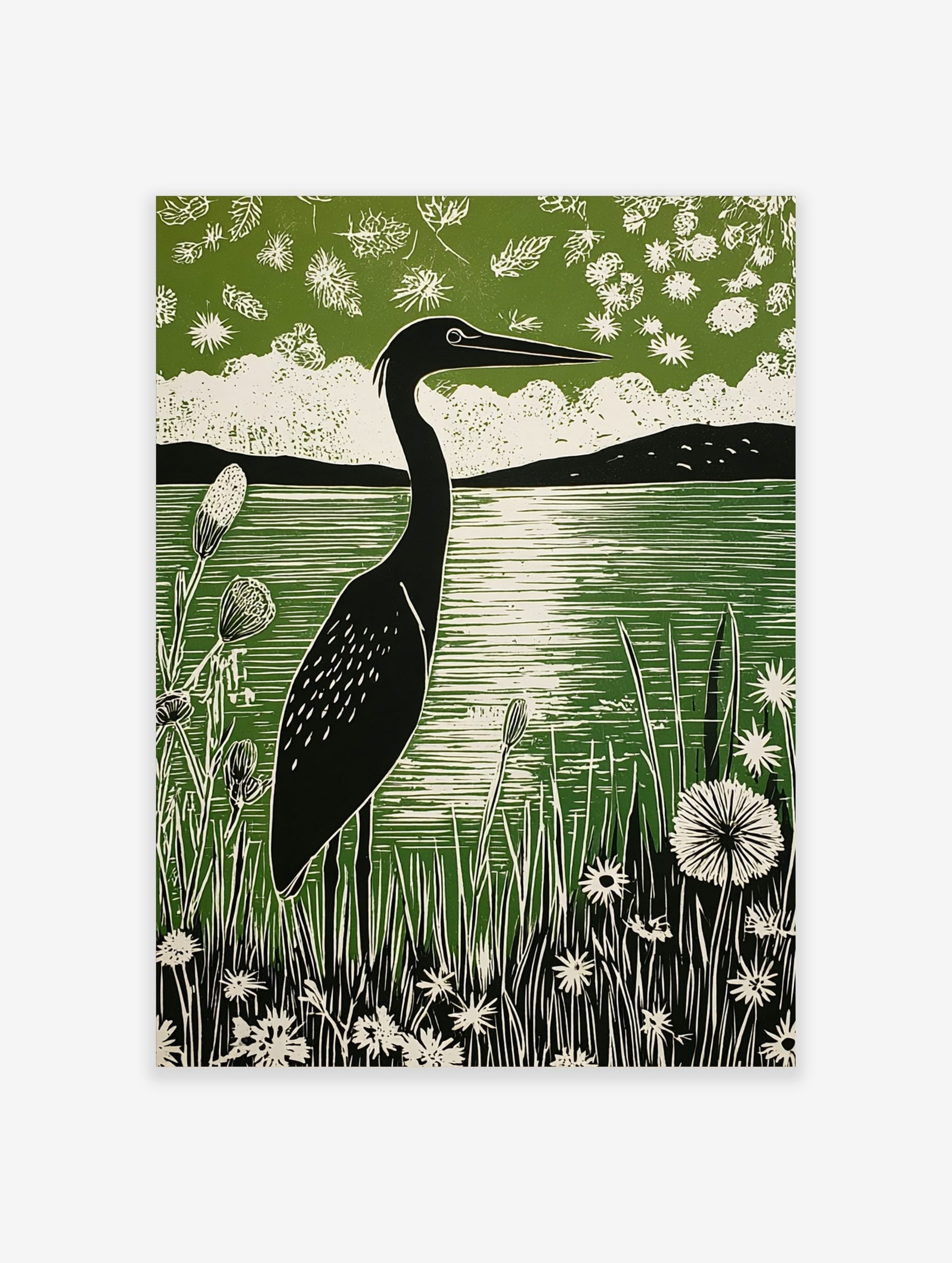 Linocut print of a black heron by a green lake, surrounded by white wildflowers and distant hills
