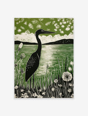Linocut print of a black heron by a green lake, surrounded by white wildflowers and distant hills