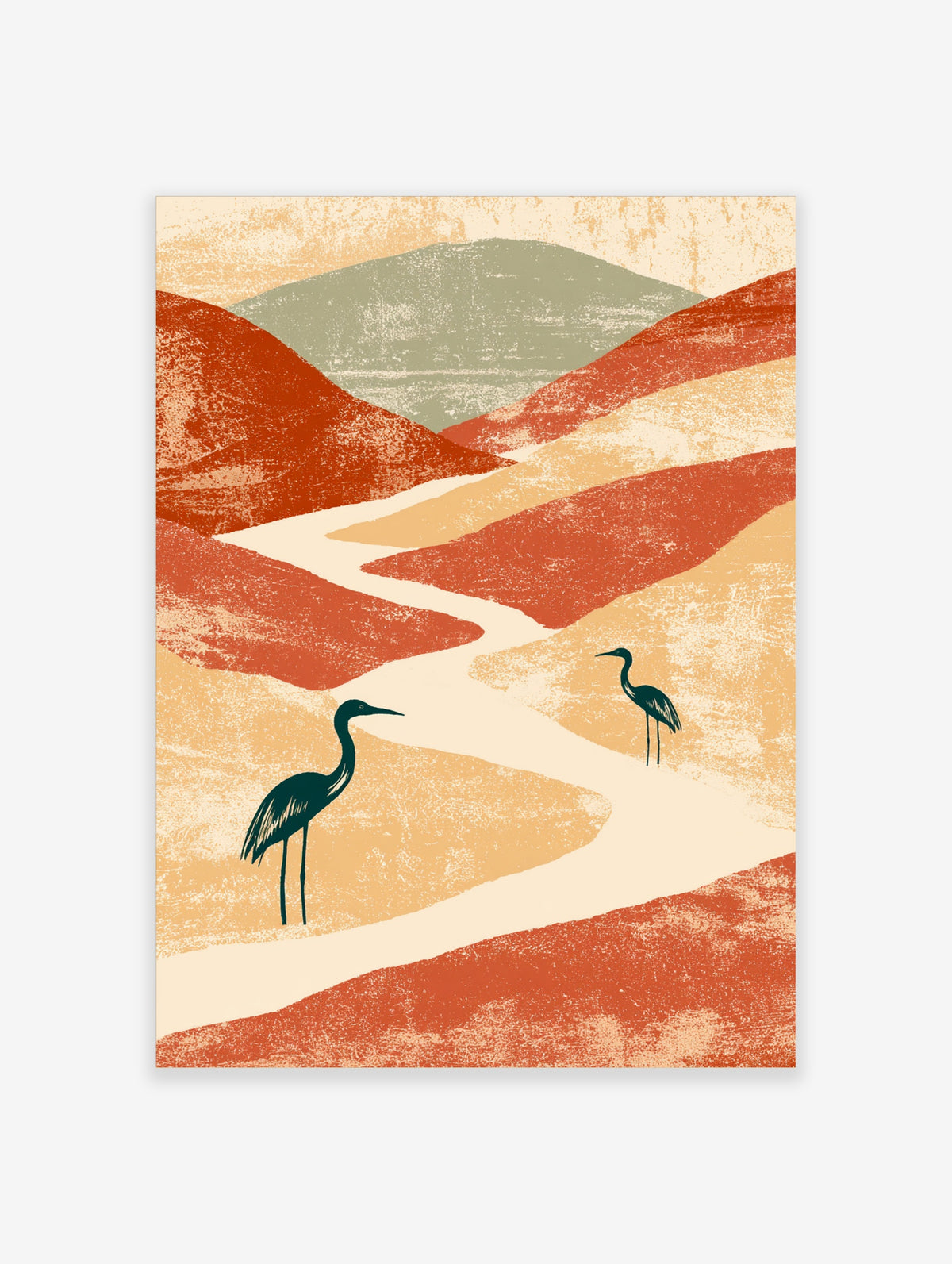 Heron landscape art print with two dark teal birds beside a winding river and rust red hills