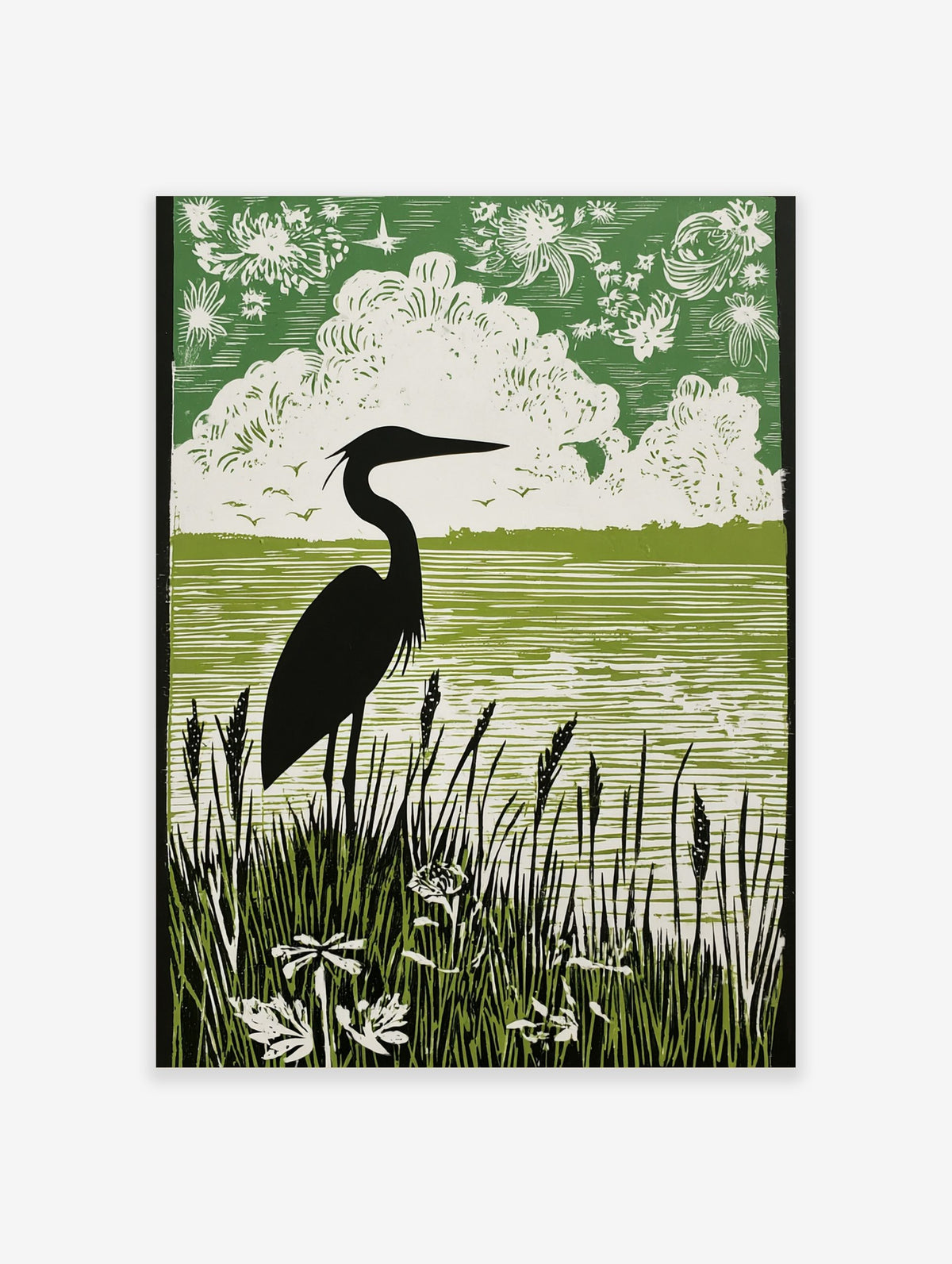Black heron silhouette art print with green water, white clouds, and dark reeds in linocut style