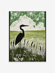 Black heron silhouette art print with green water, white clouds, and dark reeds in linocut style