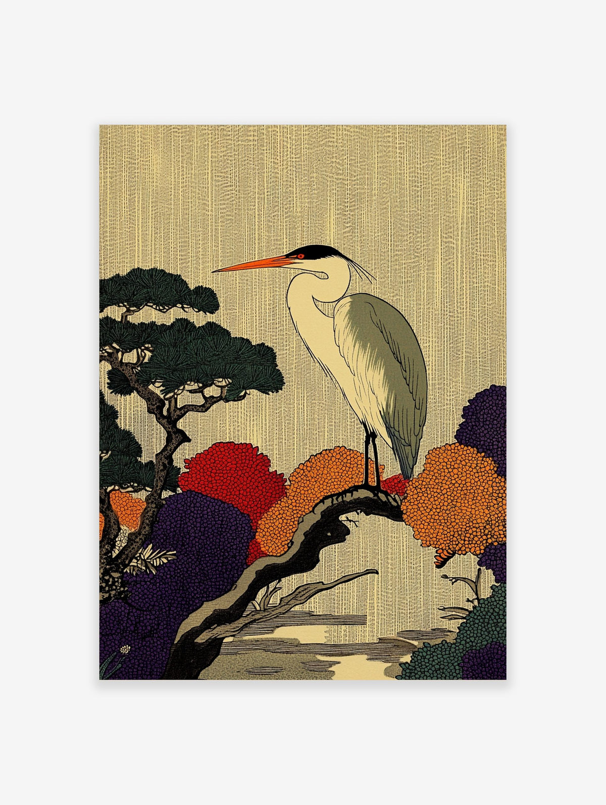 Japanese Ukiyo-e style heron on tree branch art print with colourful red, orange, and purple foliage