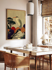 Japanese Ukiyo-e style heron on tree branch art print with colourful red, orange, and purple foliage, in a styled room mockup