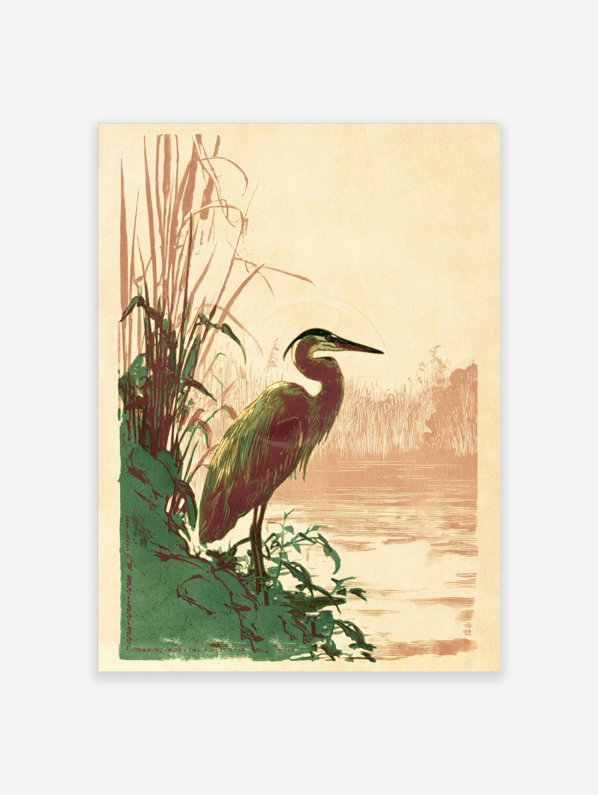 Art Nouveau style illustration of a heron standing by green reeds at a river's edge, with a warm, muted background