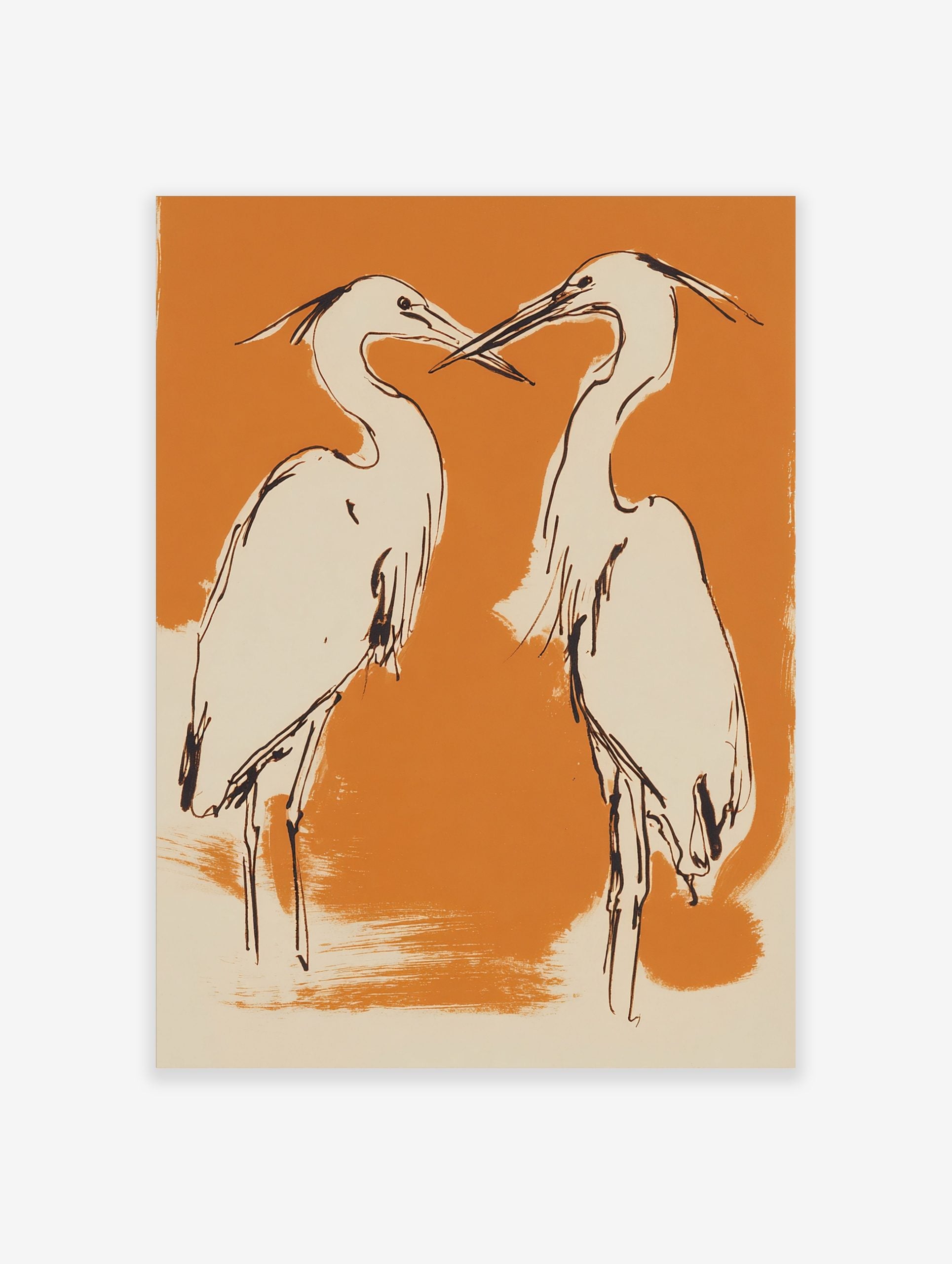 Illustrative art print of two herons with black outlines, cream bodies, on an orange background