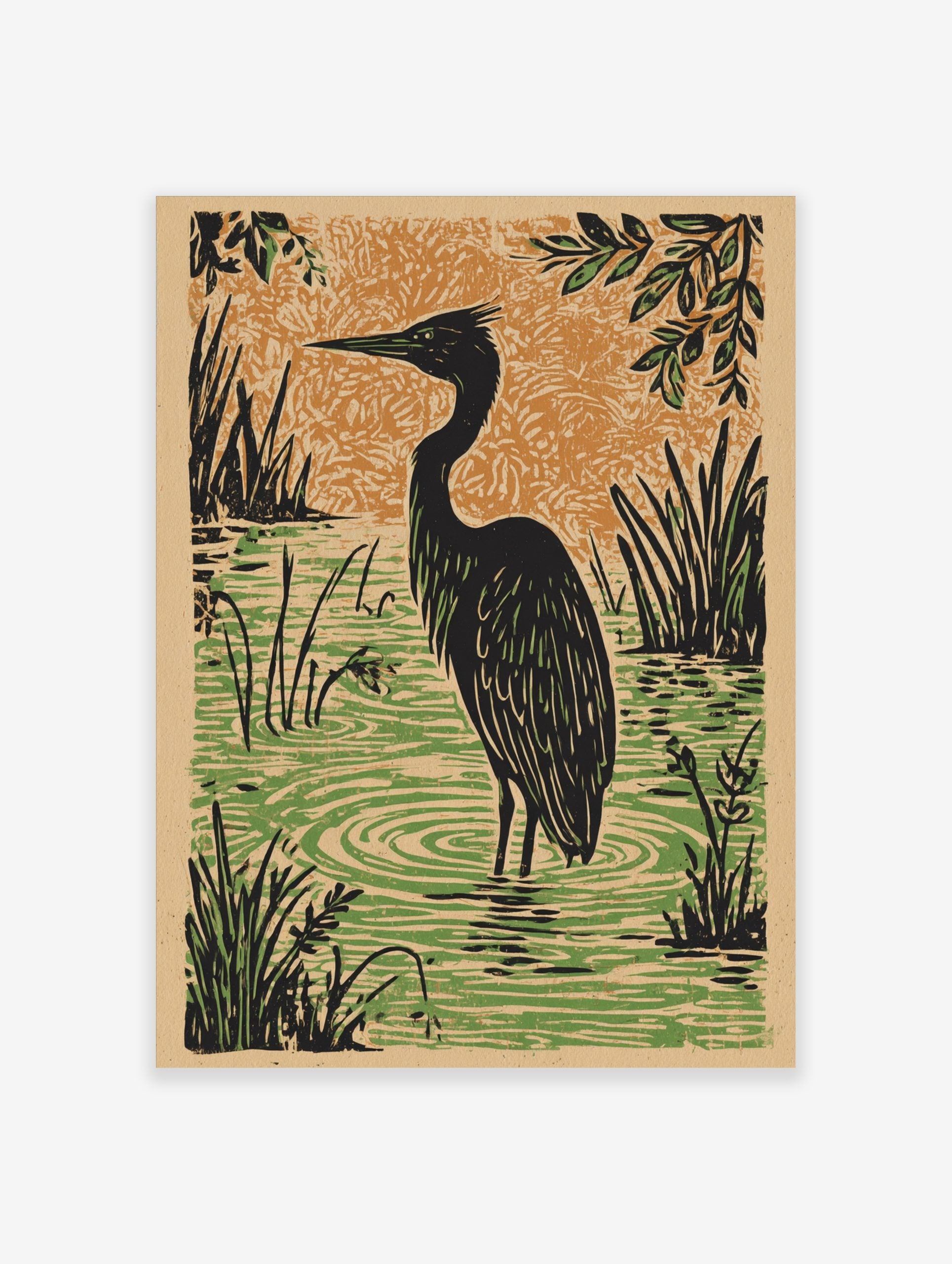 Illustrative black heron wading in green water with reeds, orange textured background in linocut style