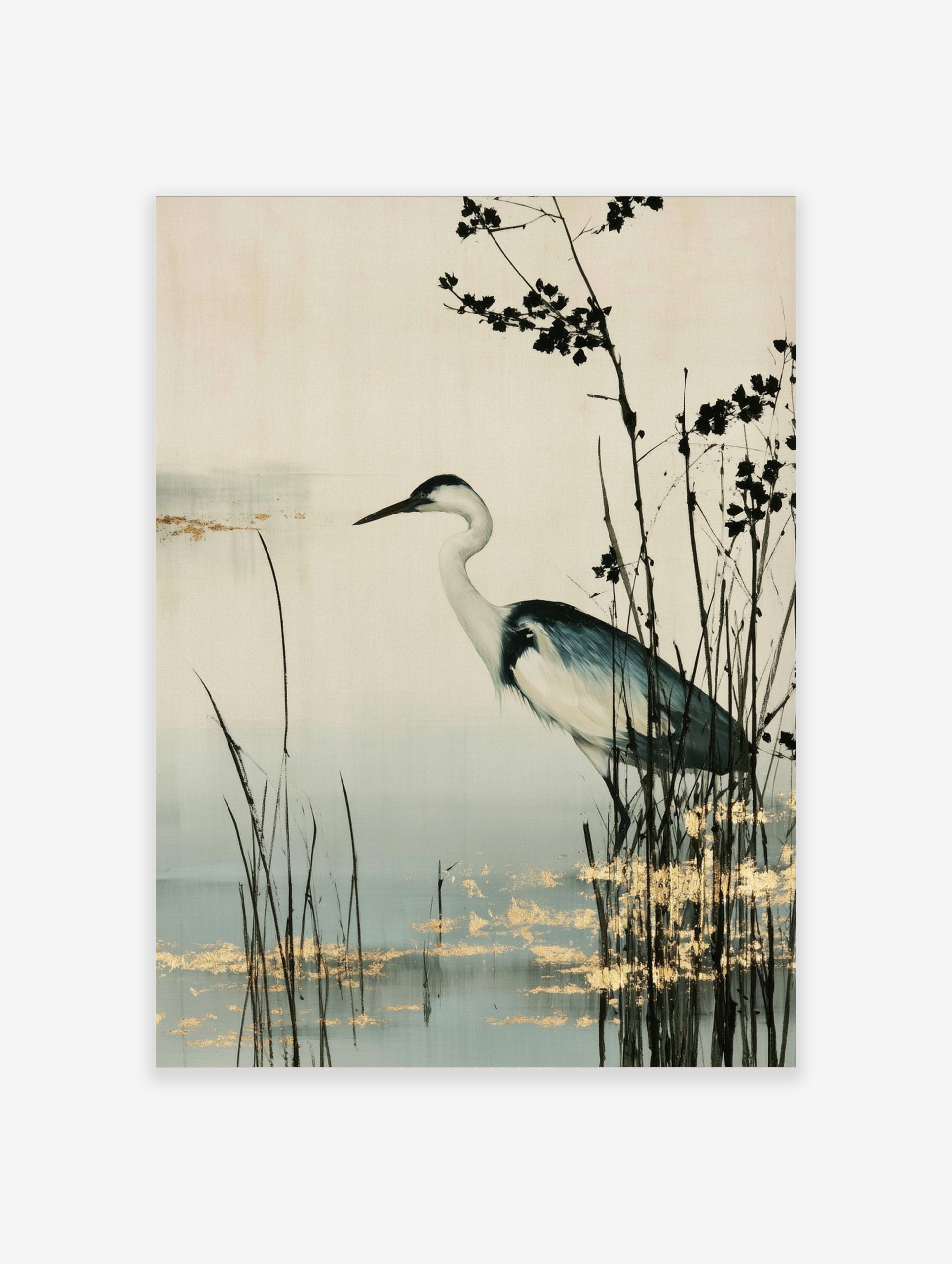 Heron bird standing in marsh reeds with gold leaf accents, neutral background wall art print