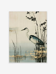 Heron bird standing in marsh reeds with gold leaf accents, neutral background wall art print