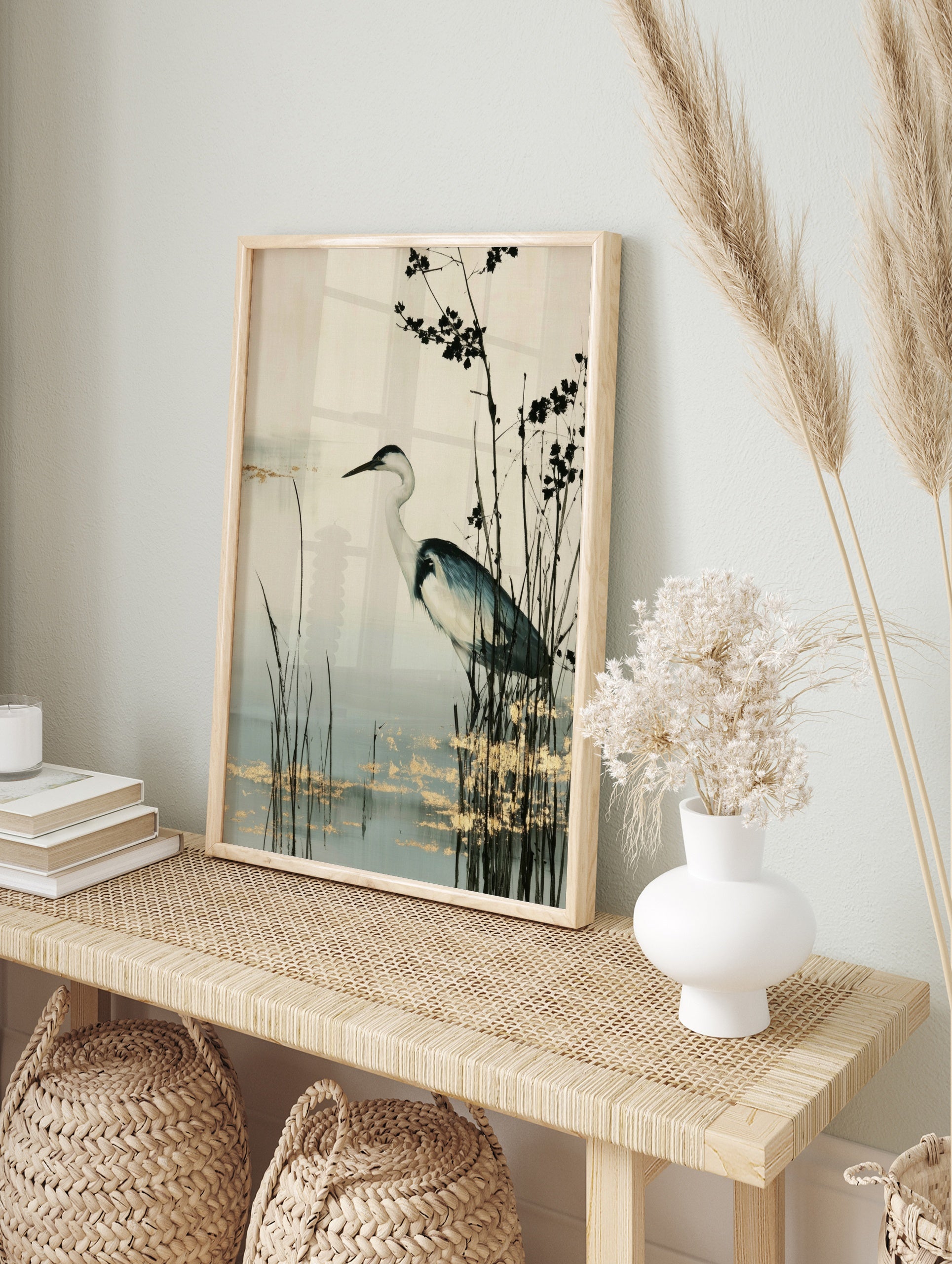 Heron bird standing in marsh reeds with gold leaf accents, neutral background wall art print, in an alternate framed mockup