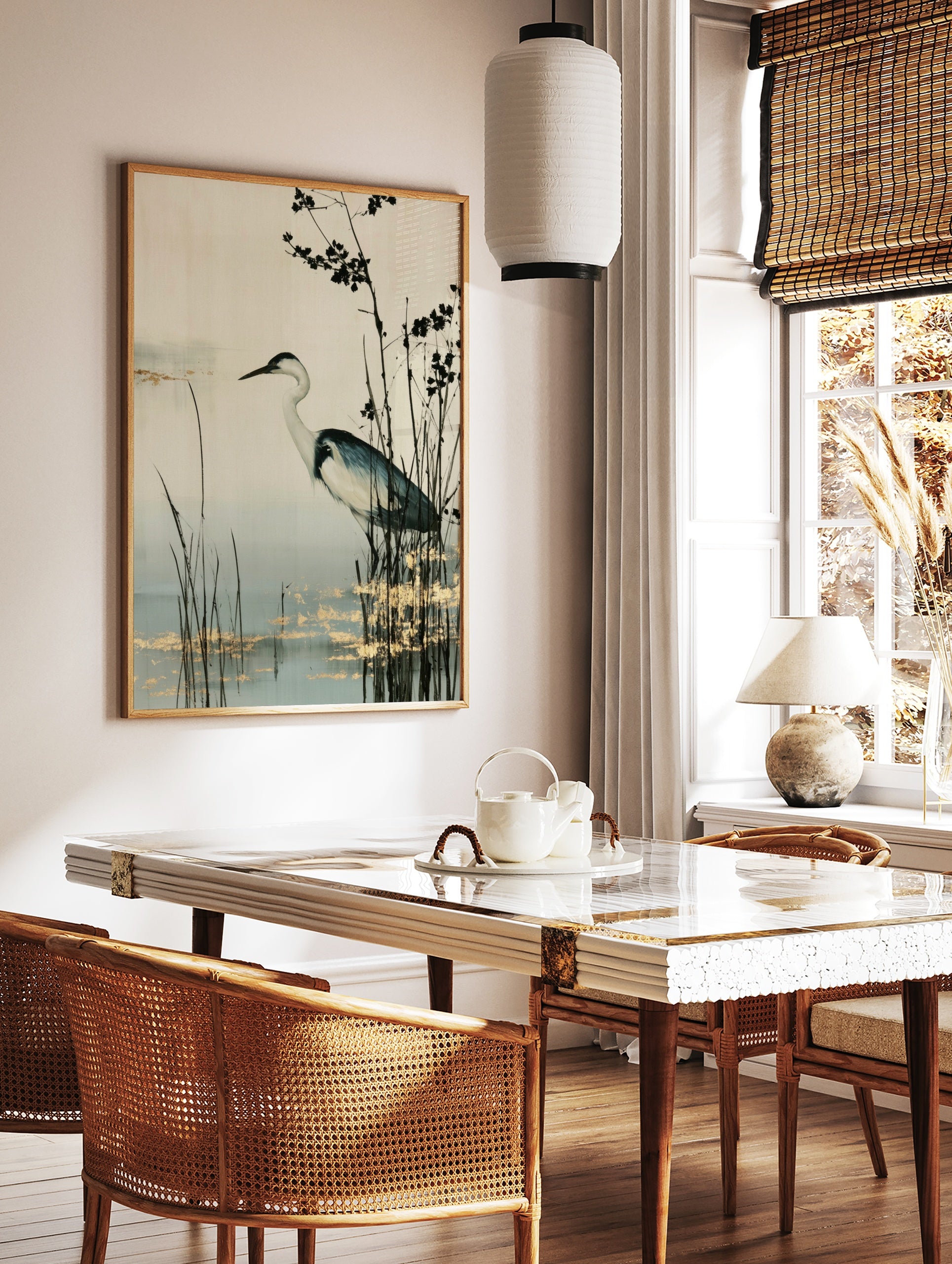 Heron bird standing in marsh reeds with gold leaf accents, neutral background wall art print, in a styled room mockup