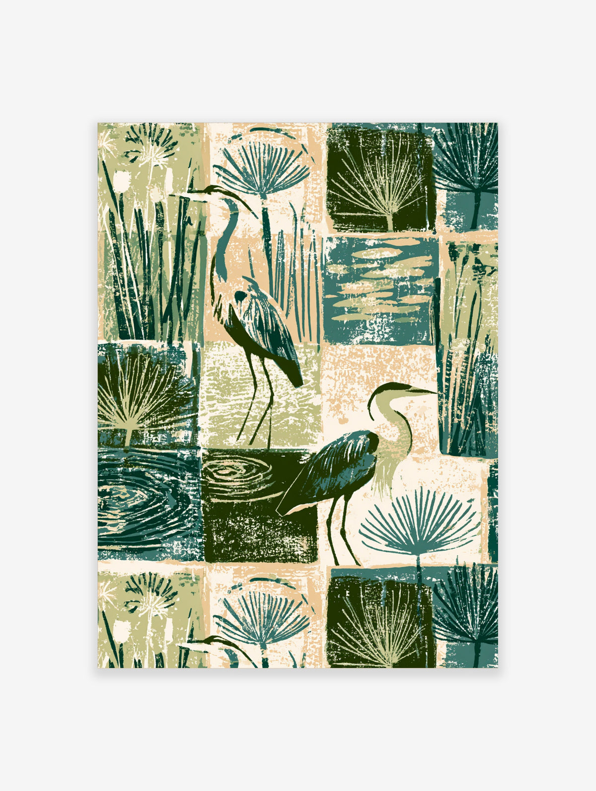 Heron wall art print with two wading birds among reeds and fan palms in green, teal and beige