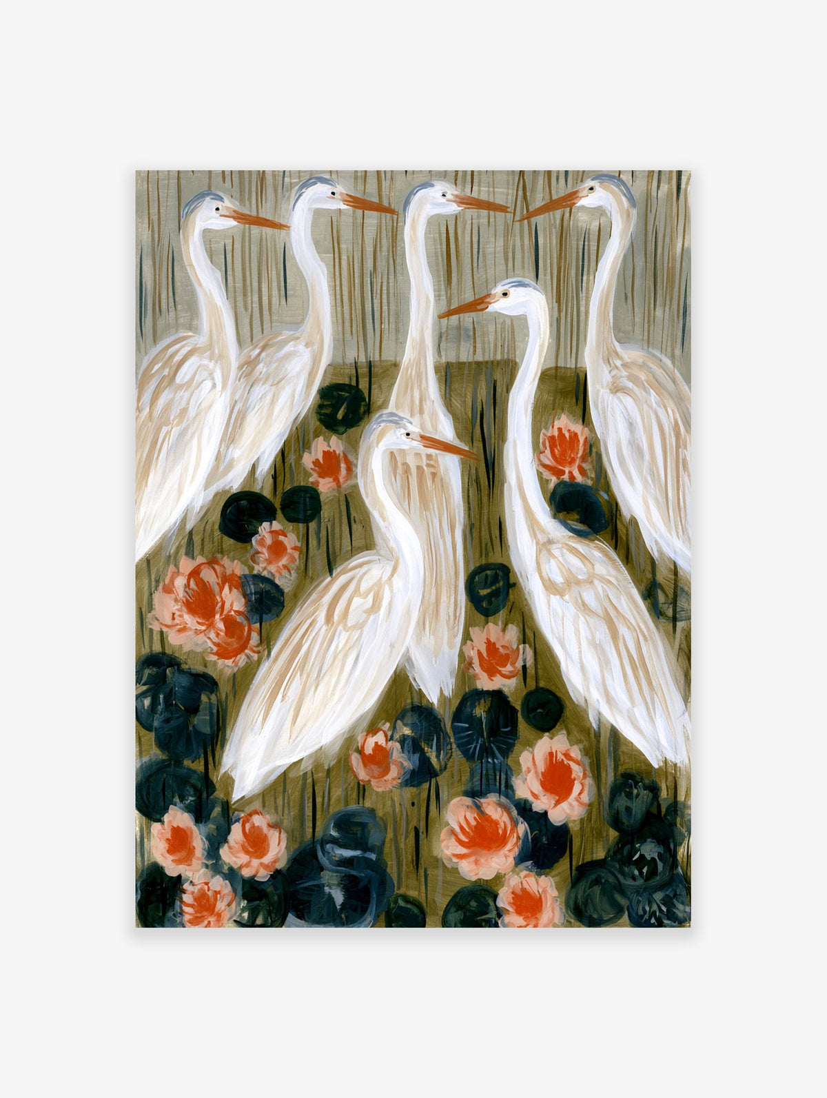Heron wall art illustration featuring orange water lilies and birds in a wetland setting on a textured neutral background