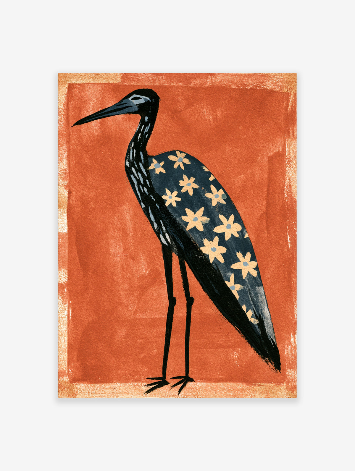 Navy heron with pale yellow flowers on wing against textured orange background, folk art print