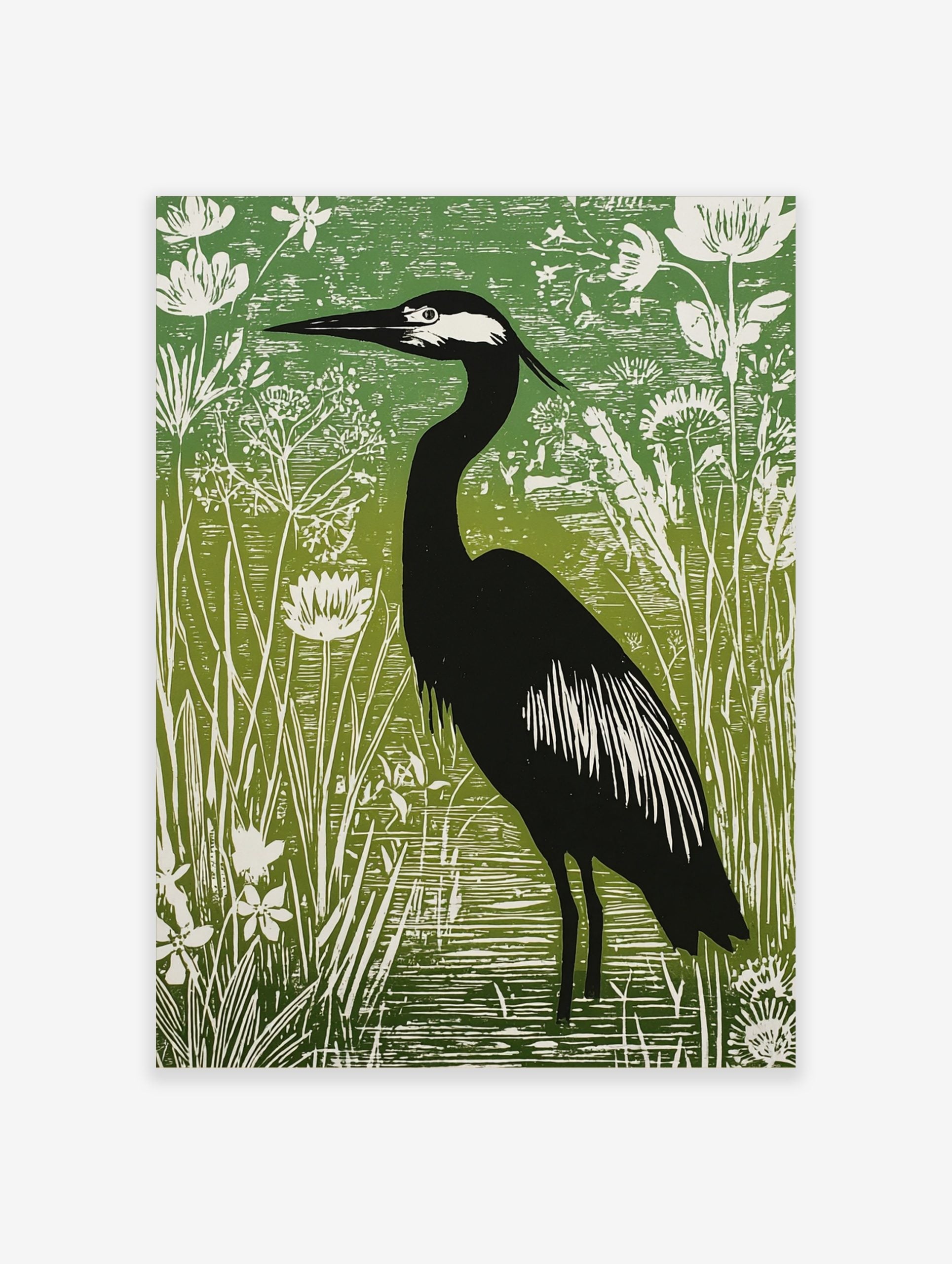 Illustrative green and black heron print standing in water amongst white botanical plants and reeds